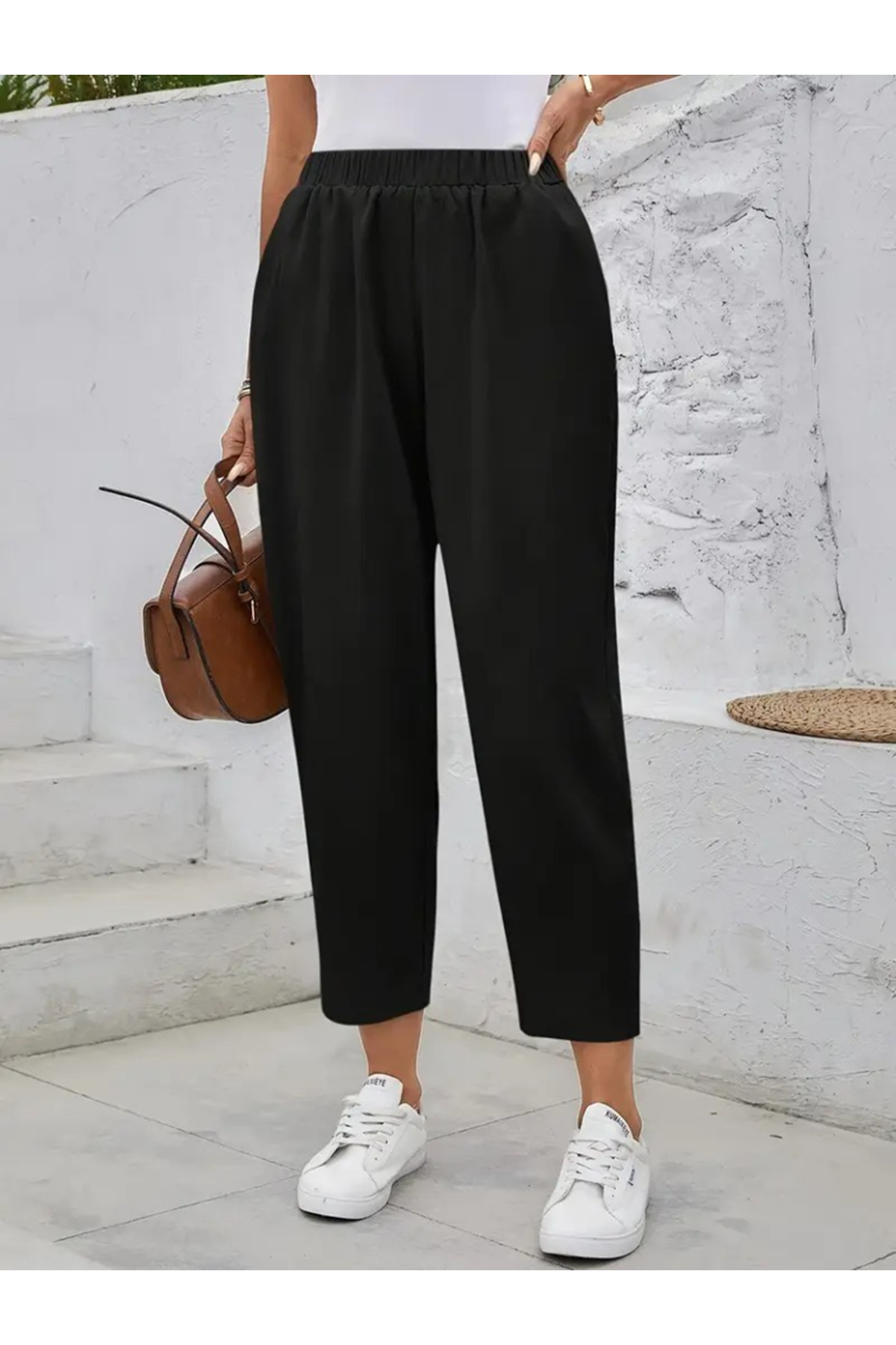 Kadın Yüksek Bel Yandan Cepli Düğme Detaylı Geniş Kesim Ithal Krep Pantolon