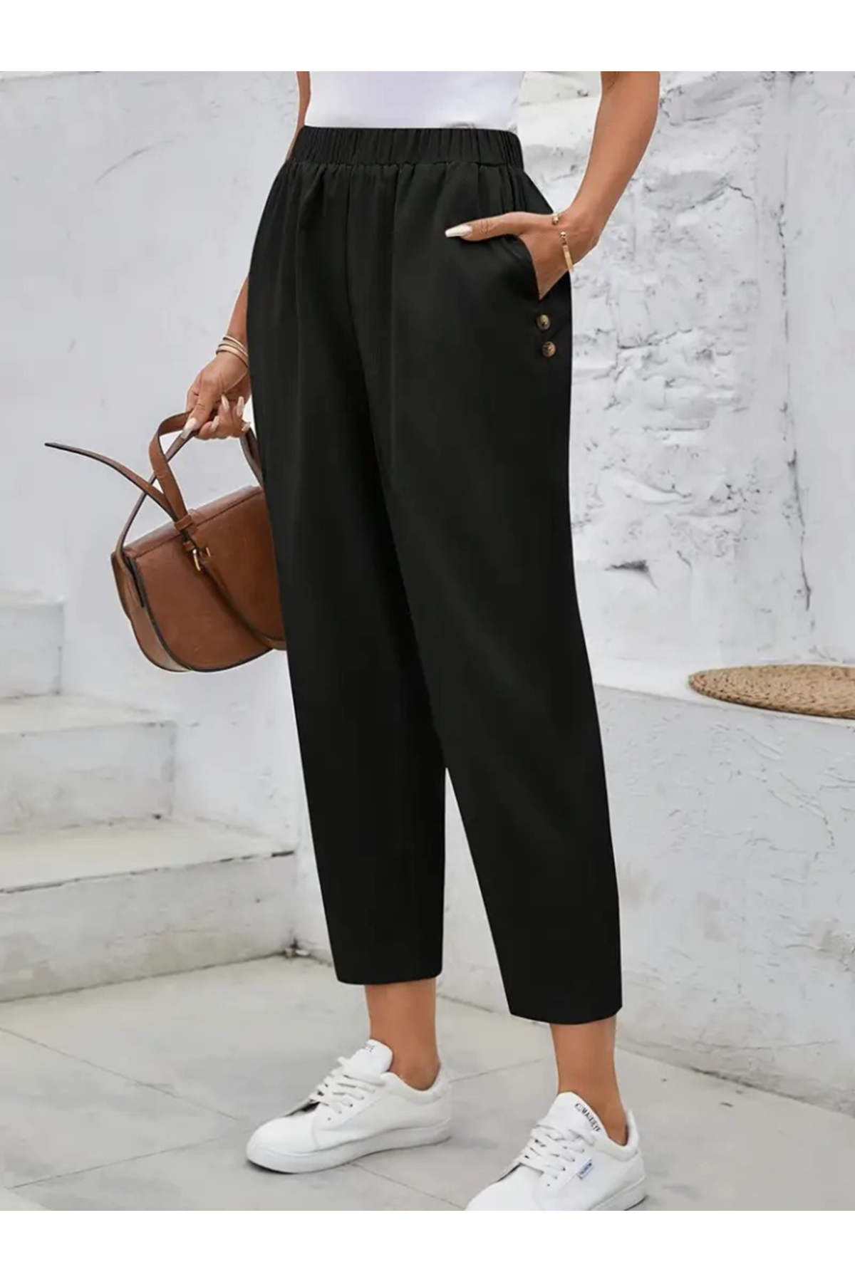 Kadın Yüksek Bel Yandan Cepli Düğme Detaylı Geniş Kesim Ithal Krep Pantolon