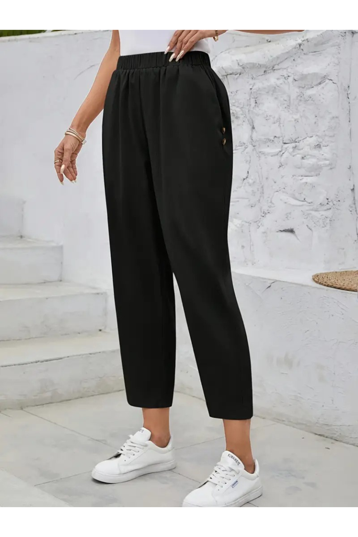 Kadın Yüksek Bel Yandan Cepli Düğme Detaylı Geniş Kesim Ithal Krep Pantolon