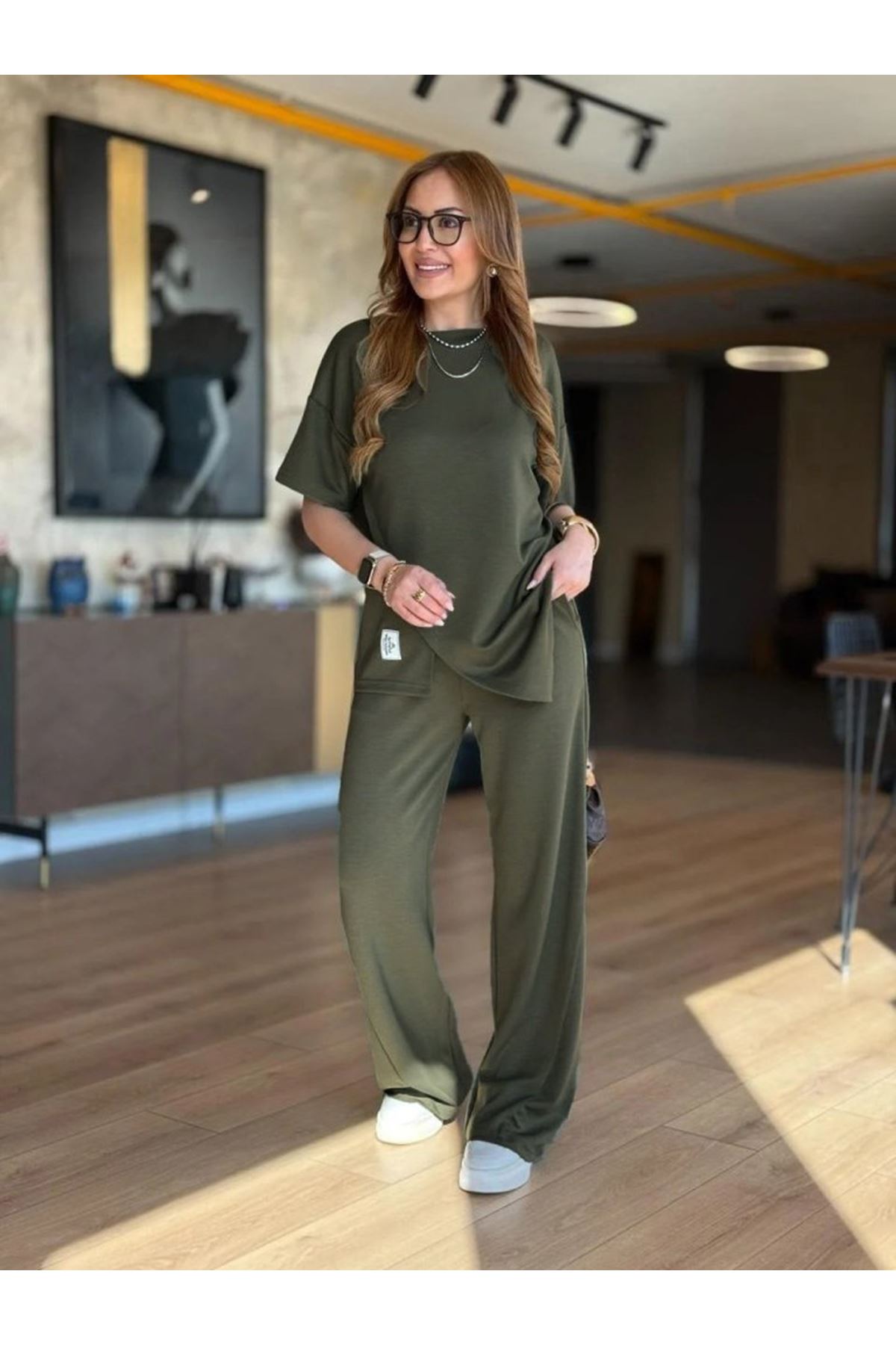 Kadın Kısa Kollu Bisiklet Yaka Asimetrik Viskon Iki Iplik Bluz Ve Pantolon Ikili Takım