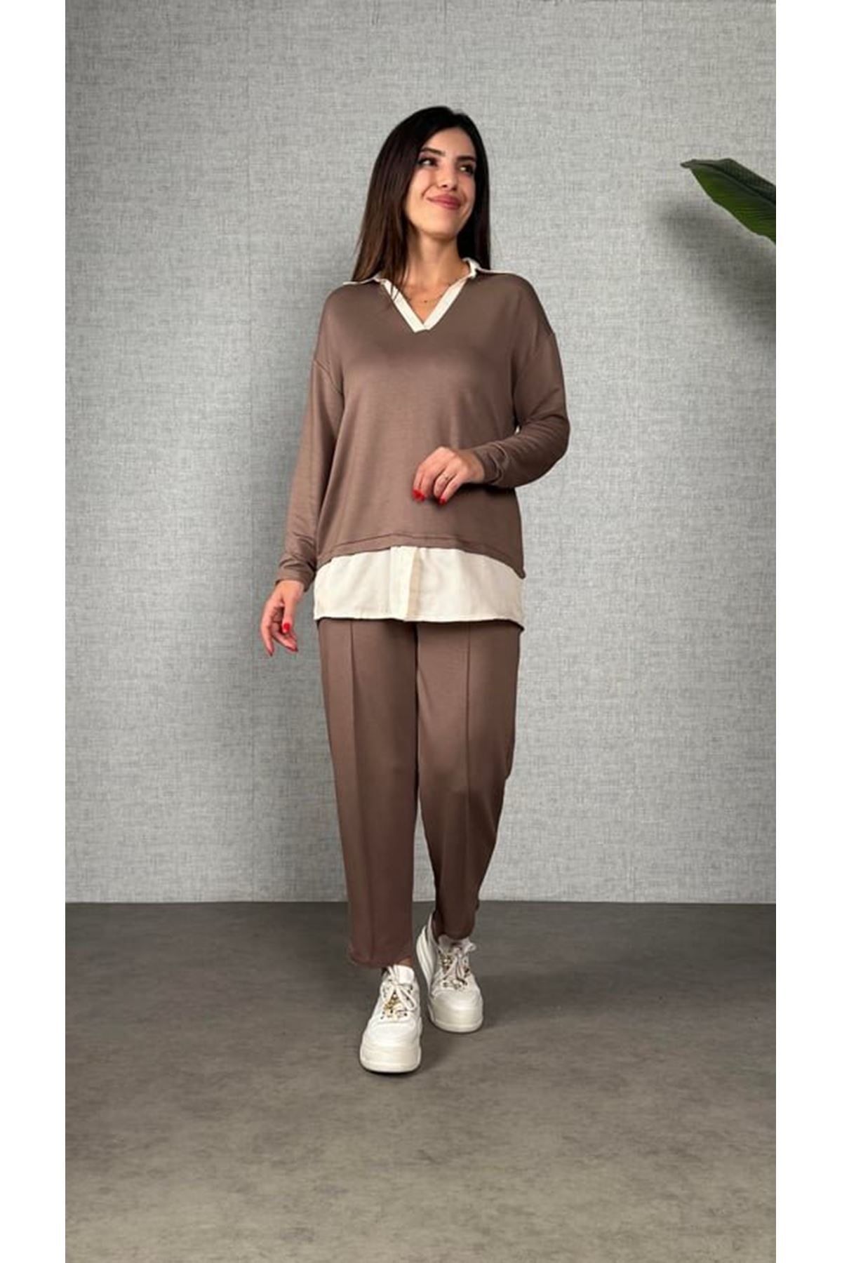 Polo Yaka Gömlek Detay Salaş Balon Pantolunlu ıkılı Takım