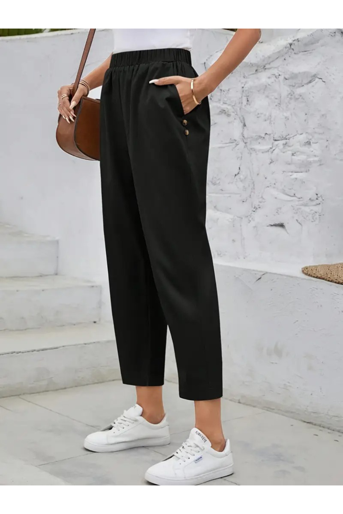 Kadın Yüksek Bel Yandan Cepli Düğme Detaylı Geniş Kesim Ithal Krep Pantolon