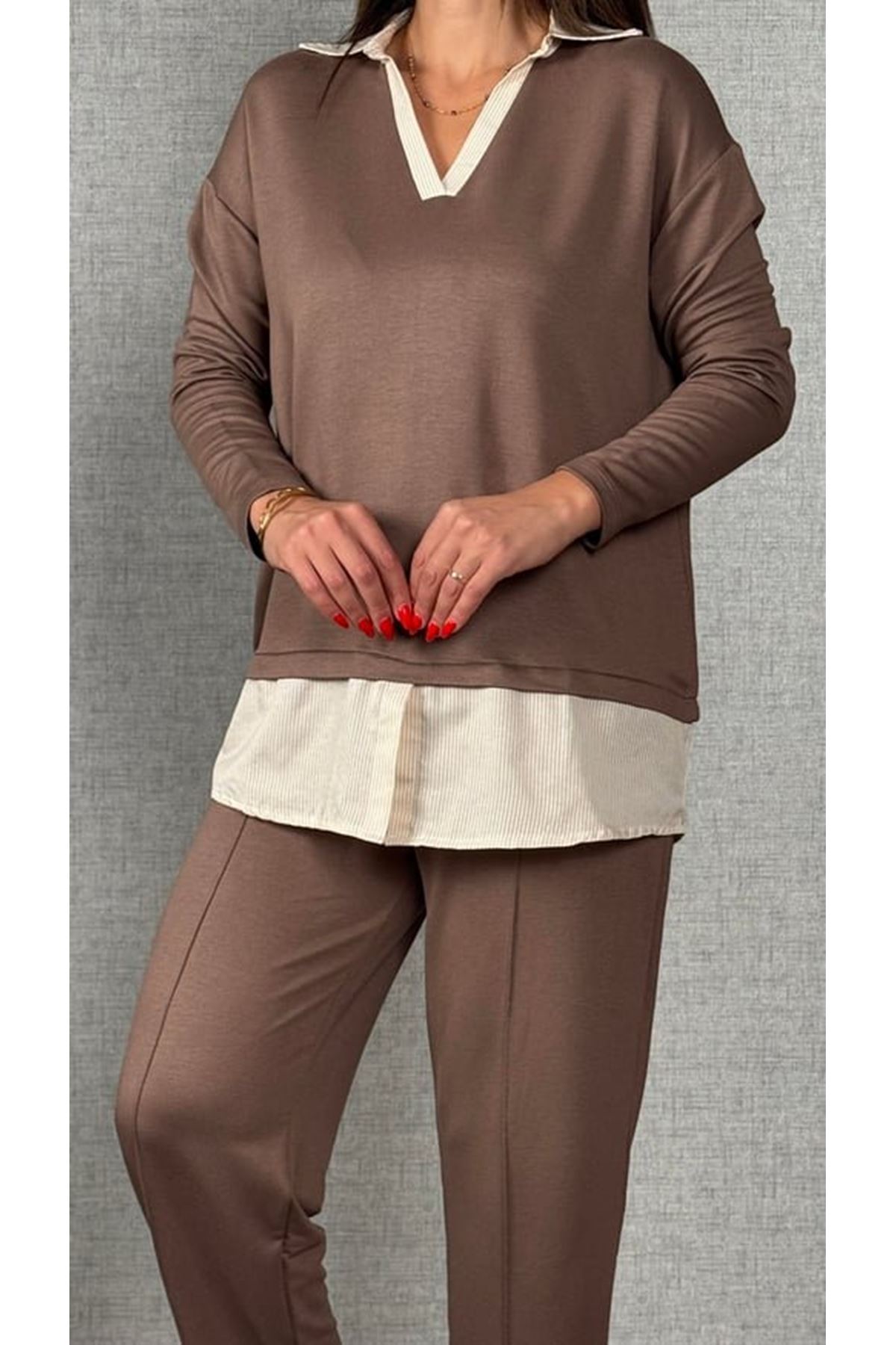 Polo Yaka Gömlek Detay Salaş Balon Pantolunlu ıkılı Takım