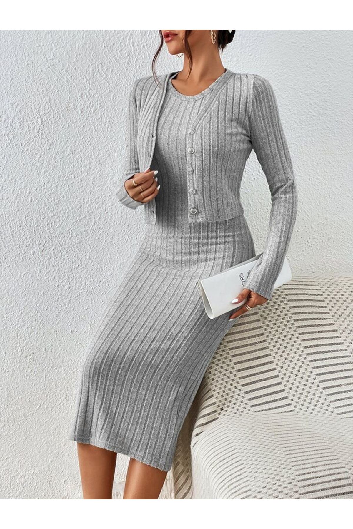 Kadın Uzun Kollu şardonlu Kaşkorseönü Düğmeli Mini Boy Elbise Ikili Takım