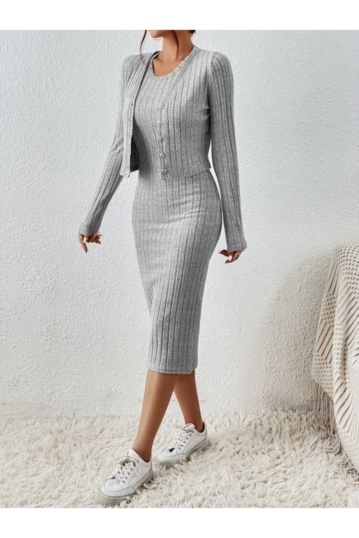 Kadın Uzun Kollu şardonlu Kaşkorseönü Düğmeli Mini Boy Elbise Ikili Takım