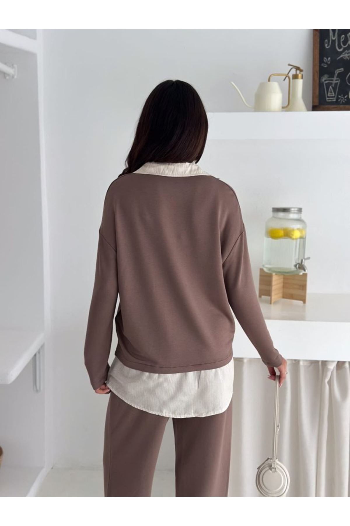 Polo Yaka Gömlek Detay Salaş Balon Pantolunlu ıkılı Takım