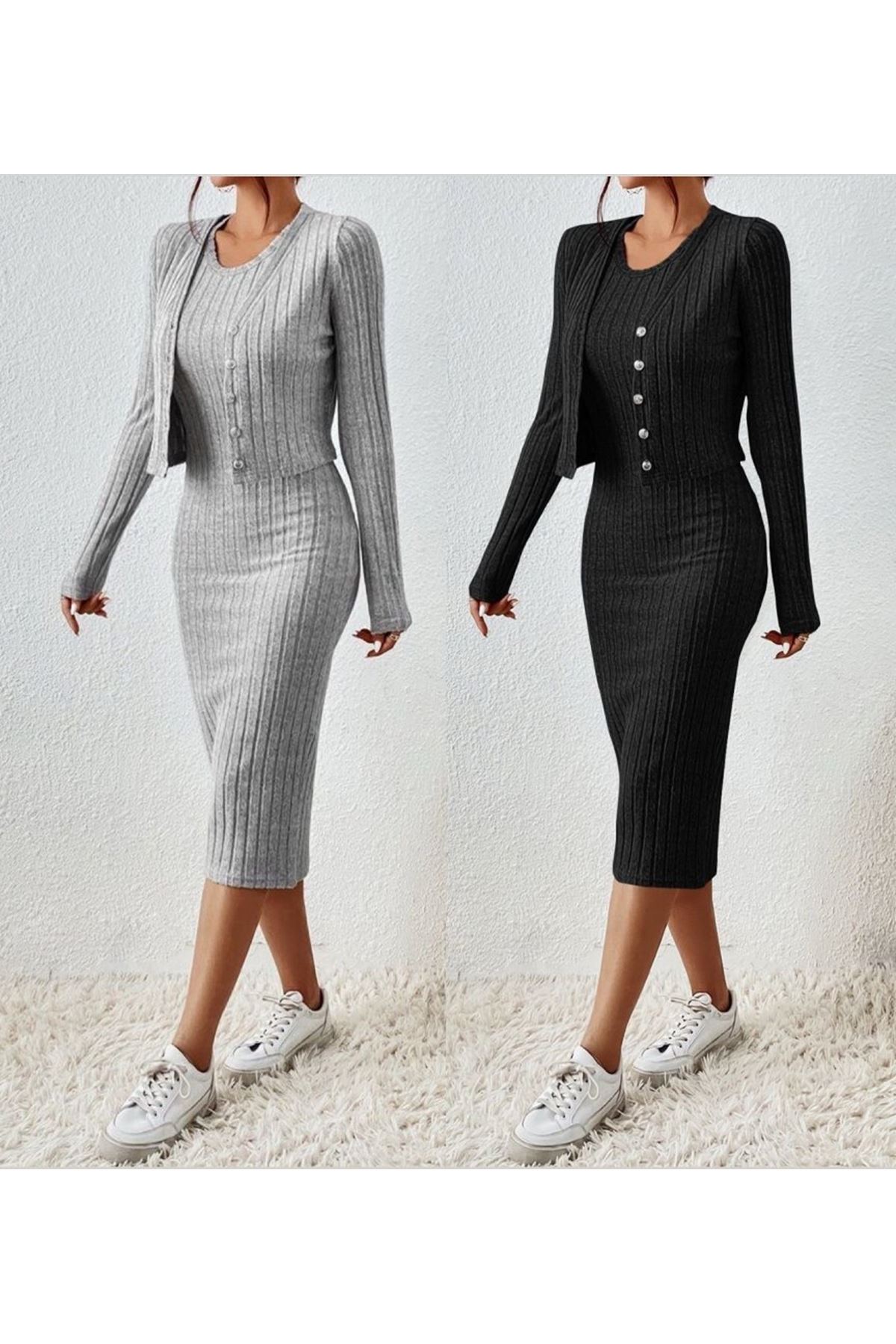 Kadın Uzun Kollu şardonlu Kaşkorseönü Düğmeli Mini Boy Elbise Ikili Takım