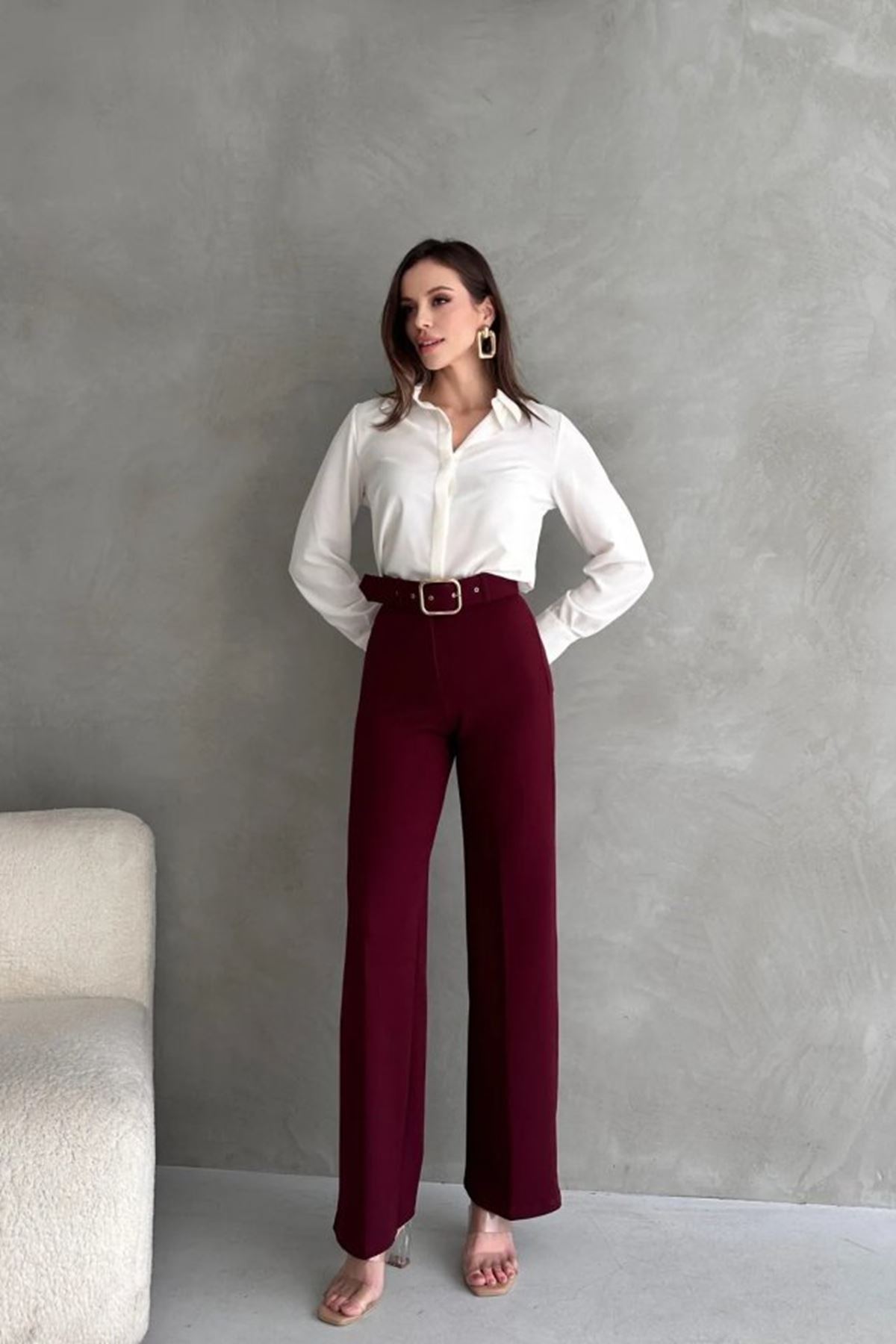 Kadın Yüksek Bel Krep Kumaş Full Likralı Ispanyol Paça Kemer Dahil Pantolon