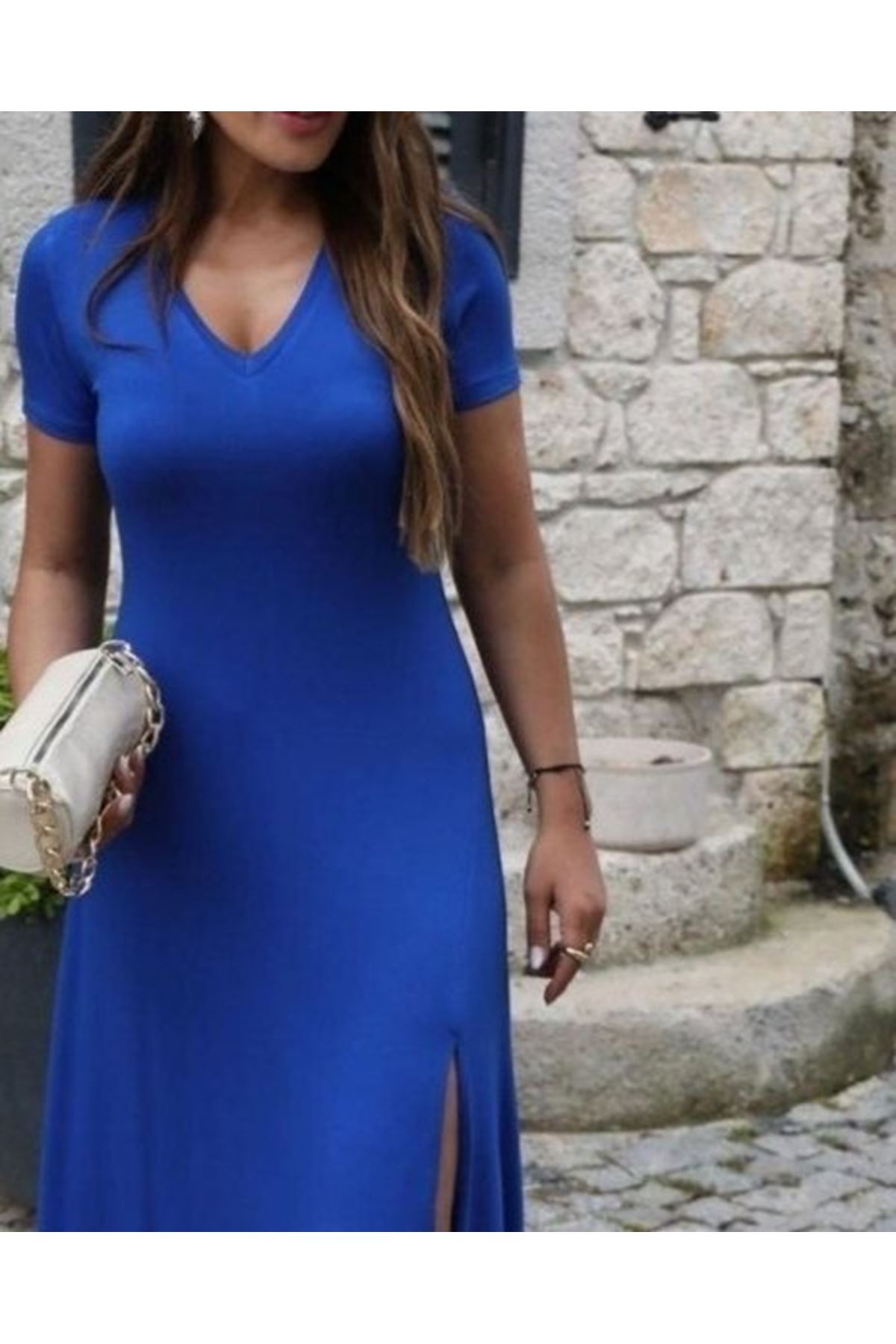 Kadın Kısa Kollu V Yaka Maxi Boy Elbise 124 Cm