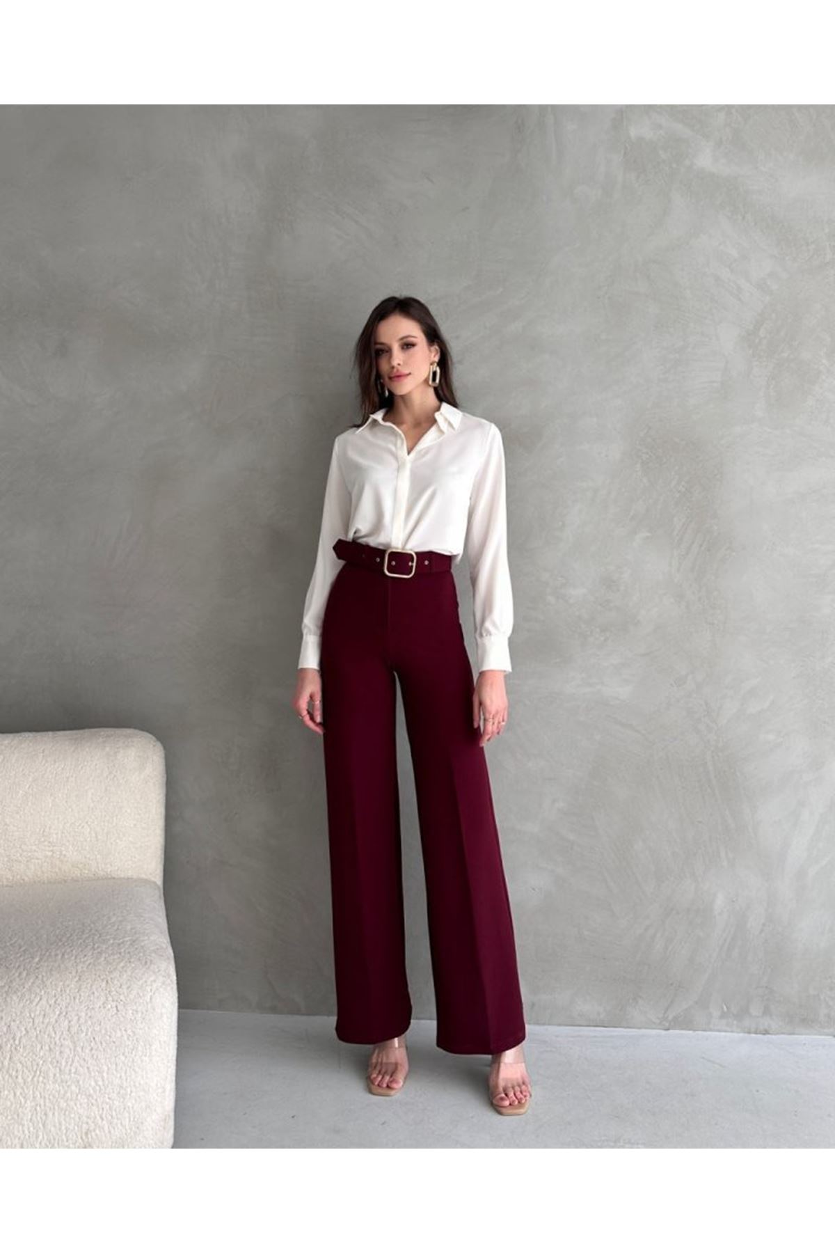 Kadın Yüksek Bel Krep Kumaş Full Likralı Ispanyol Paça Kemer Dahil Pantolon