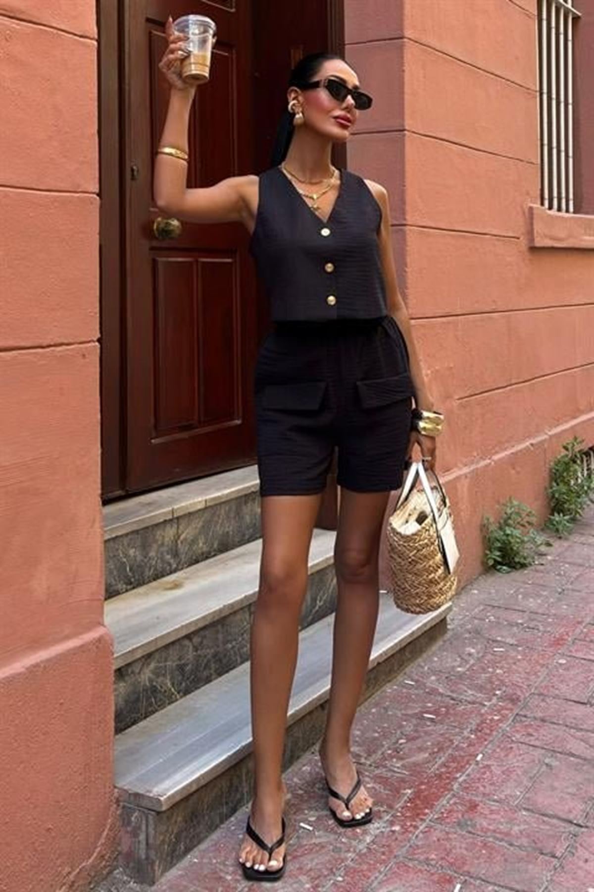 Mini Yelekli Şortlu Keten Takım 10176-08