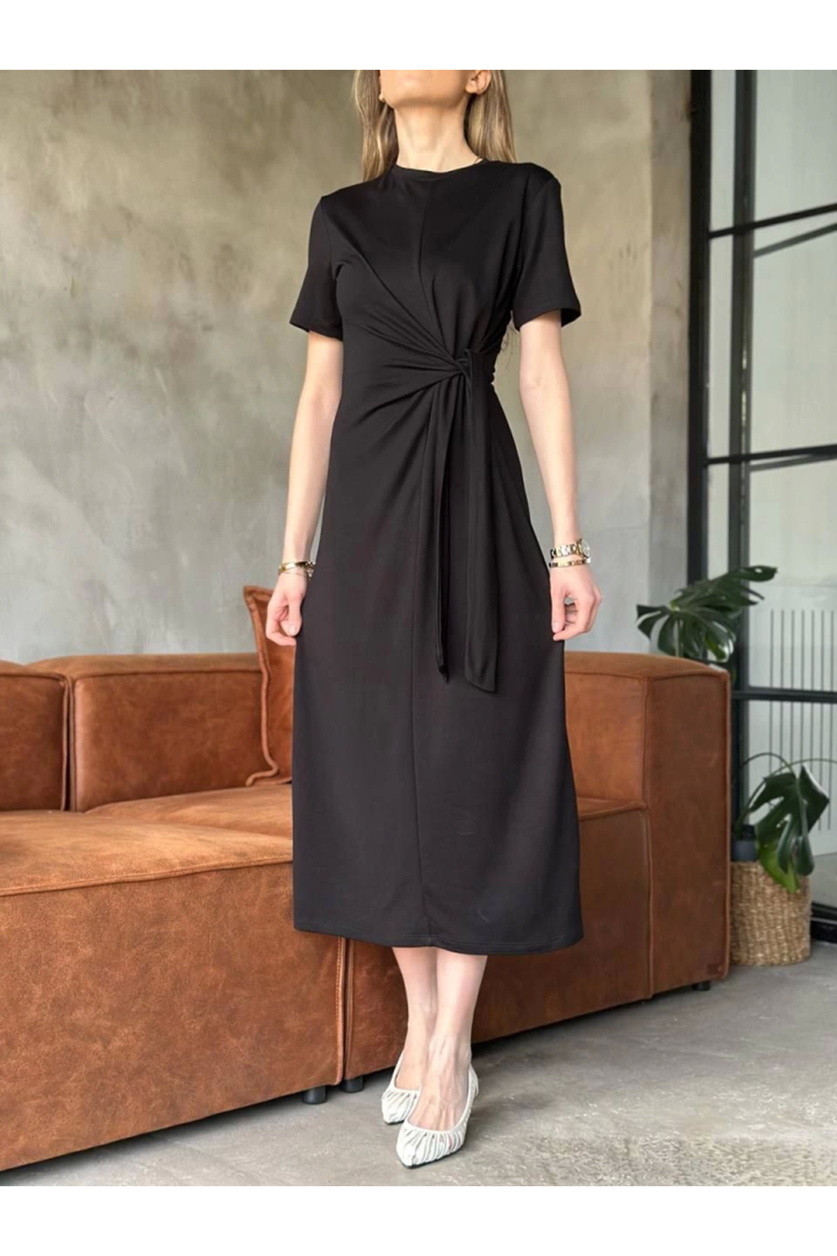 Osy Modal Yumuşak Dokulu KumaşYandan Bağlamalı Elbise - Siyah