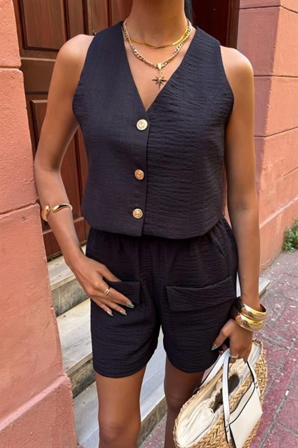 Mini Yelekli Şortlu Keten Takım 10176-08