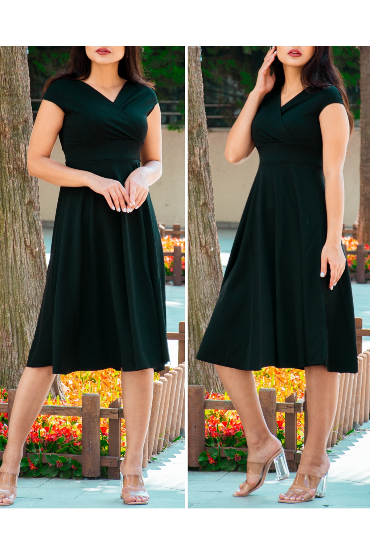 Düşük Omuz Eteği Pileli Krep Kumaş Midi Boy Elbise