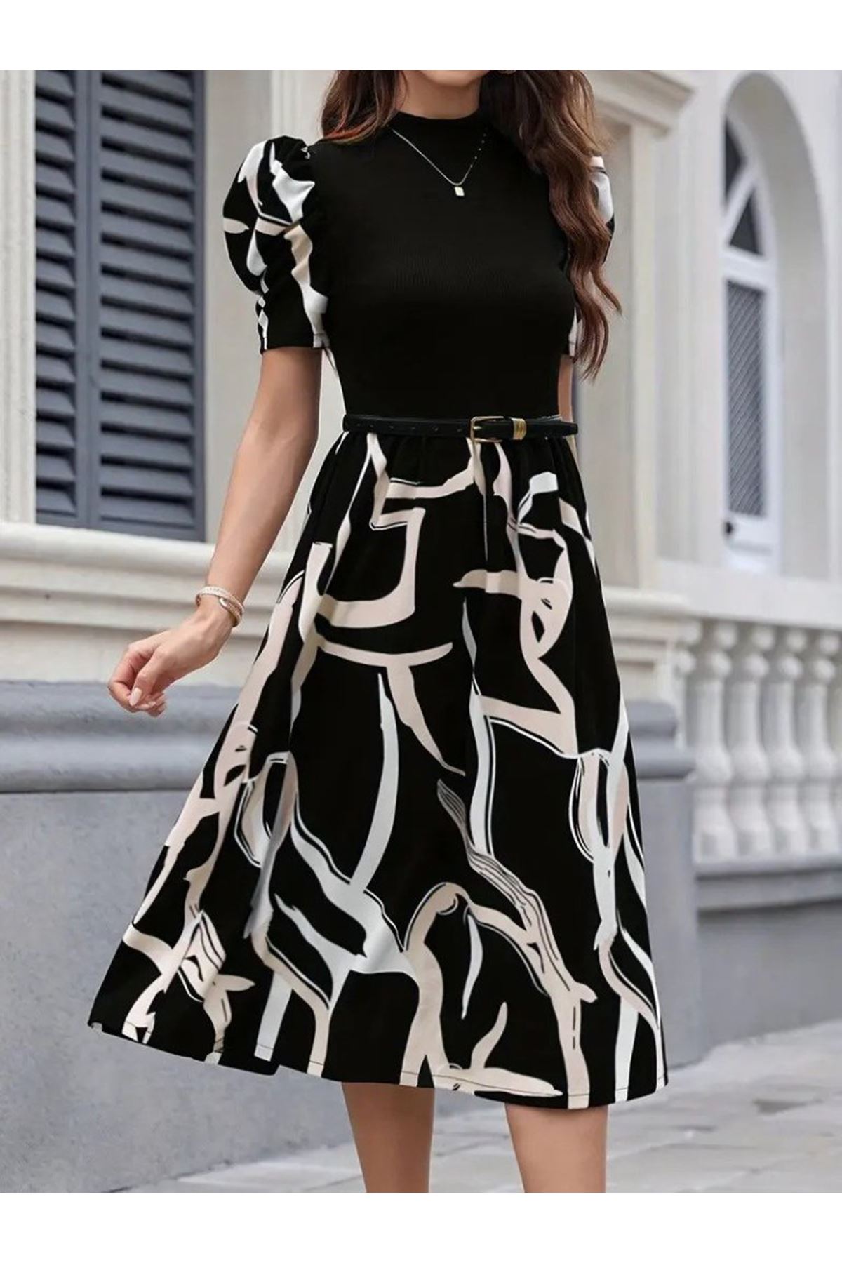 Kadın Kısa Kollu Yarı Balıkçı Yaka üst Viskon Alt Desenli Dokuma Midi Elbise