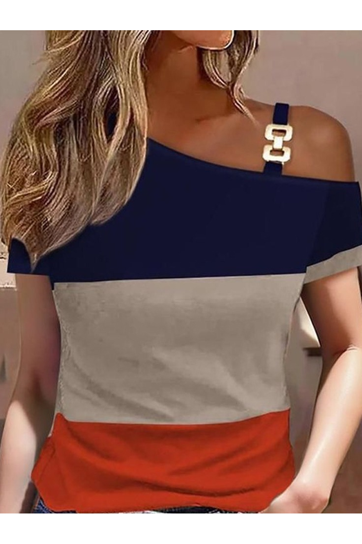 Kadın Kısa Kollu Tek Omuzu Açık Toka Detaylı çok Renkli Viskon Bluz