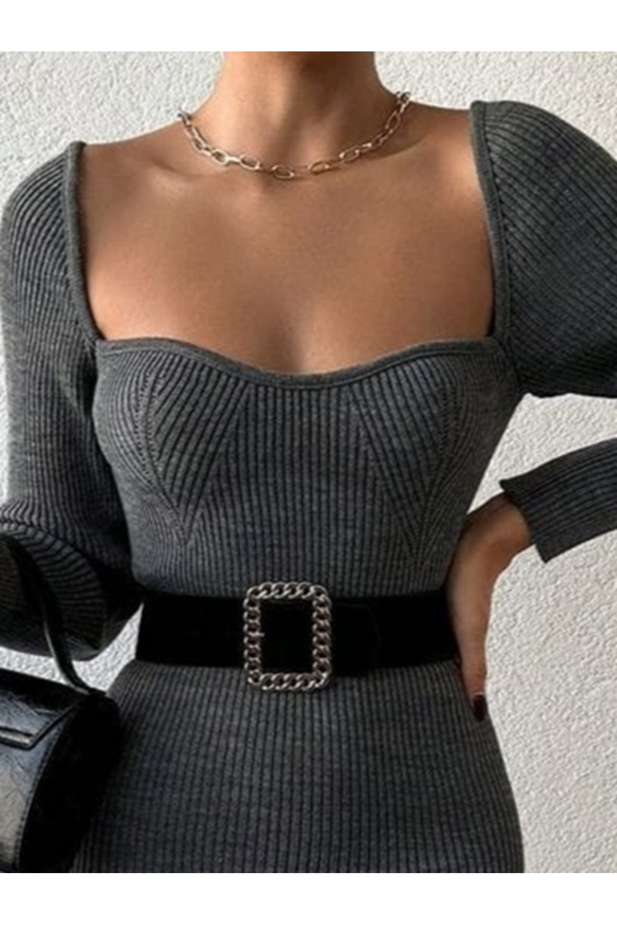 Kadın Uzun Kollu Yırtmaç Detay Triko Elbise