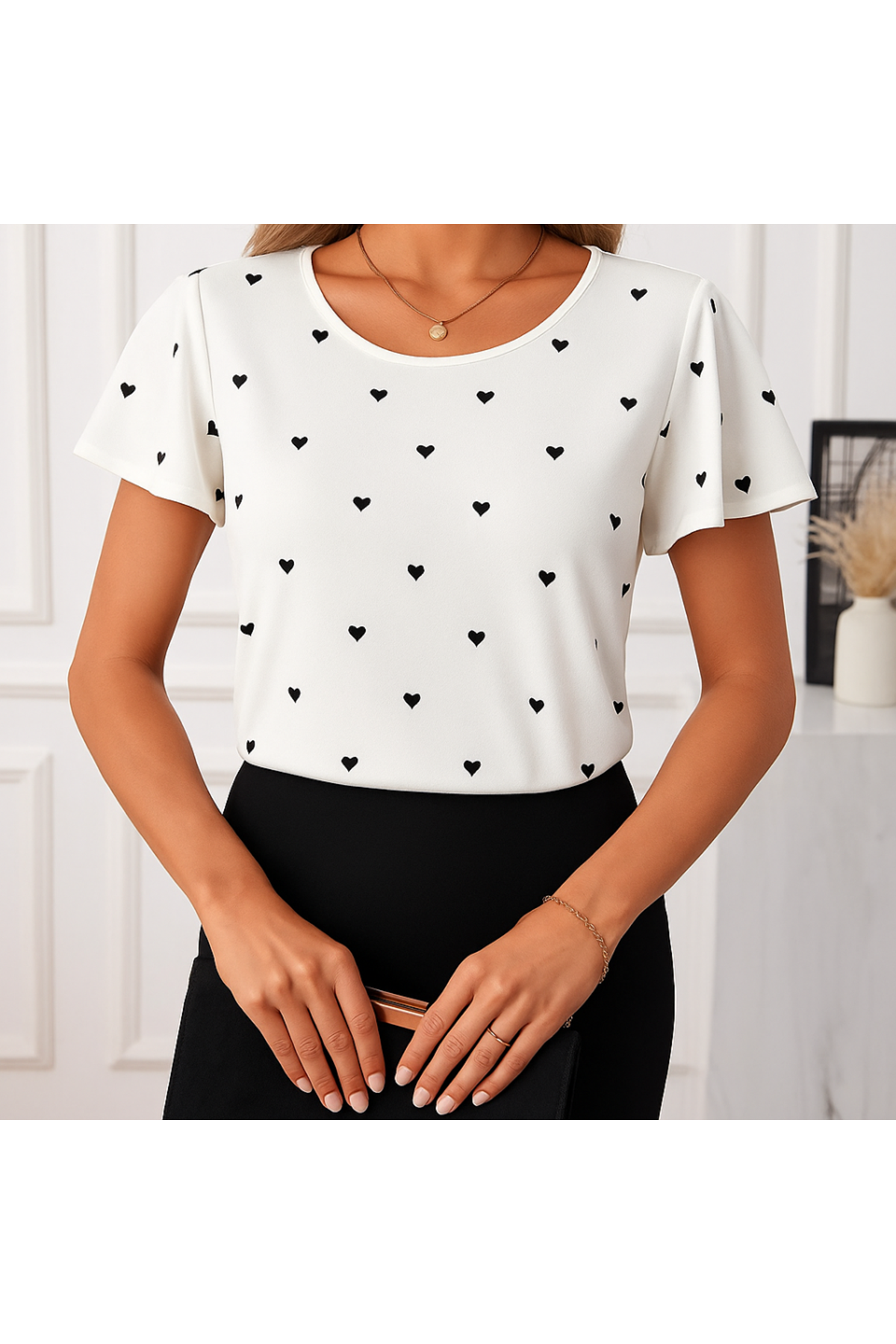 Kadın Kısa Kelebek Kollu Bisiklet Yaka Kalp Desenli Süprem Bluz