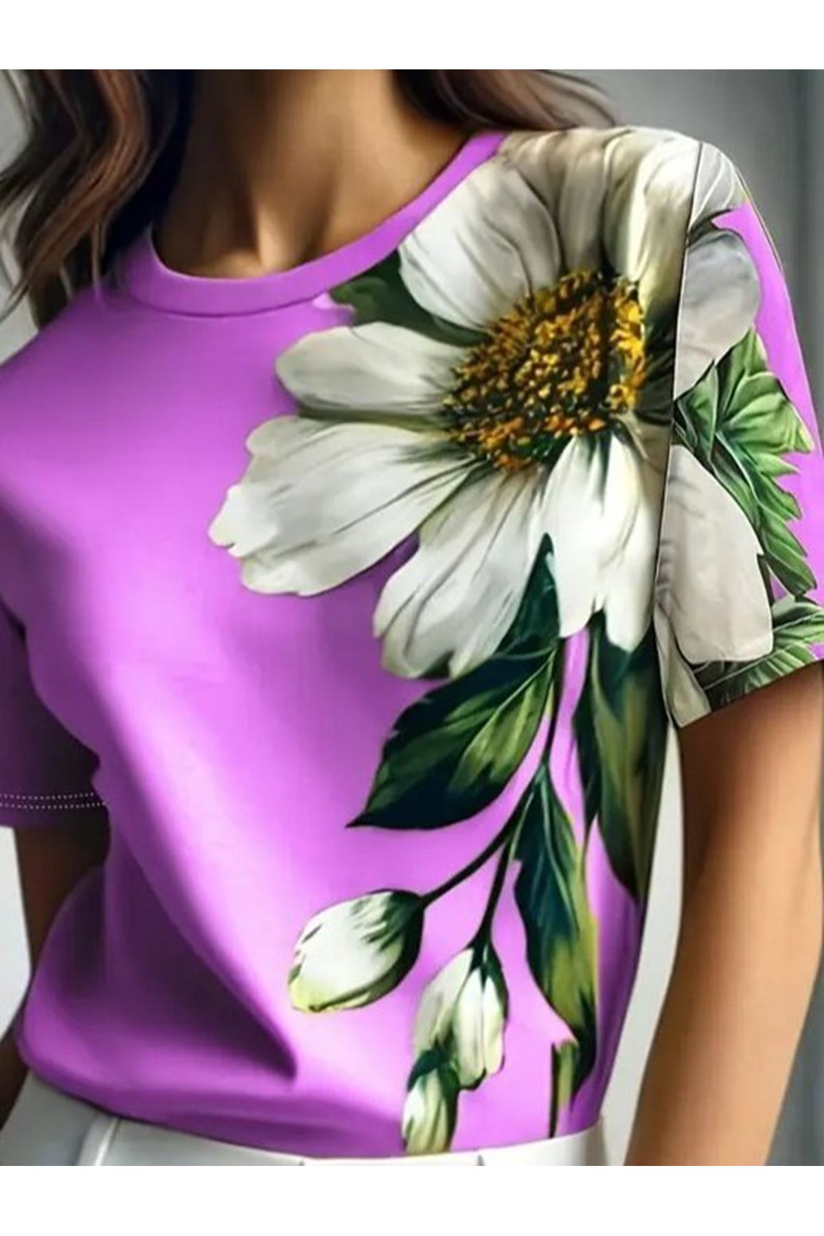 Kadın Kısa Kollu Bisiklet Yaka çiçek Baskılı Süprem Bluz
