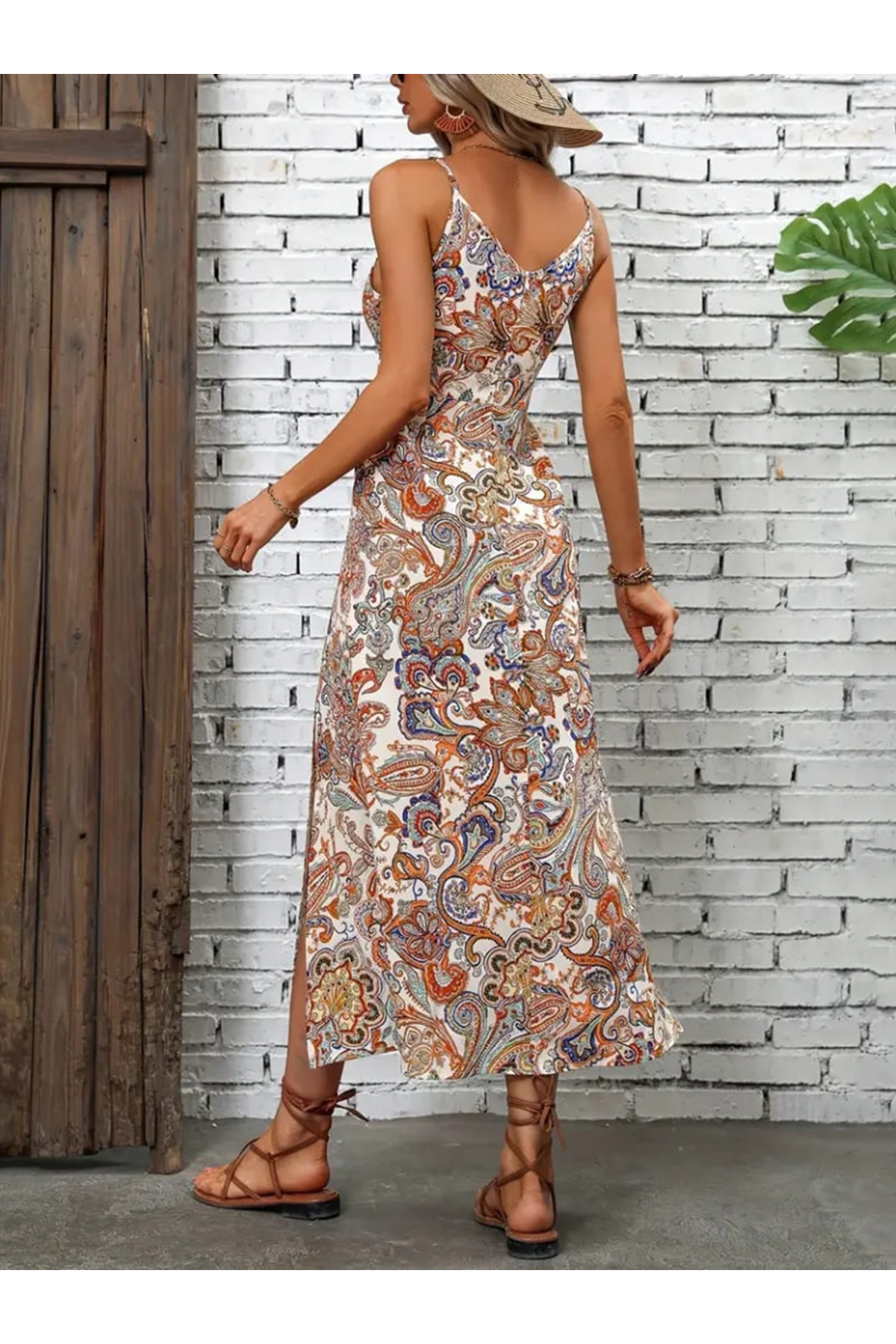 Kadın Ip Askılı V Yakalı Baskılı Yırtmaçlı Süprem Uzun Elbise