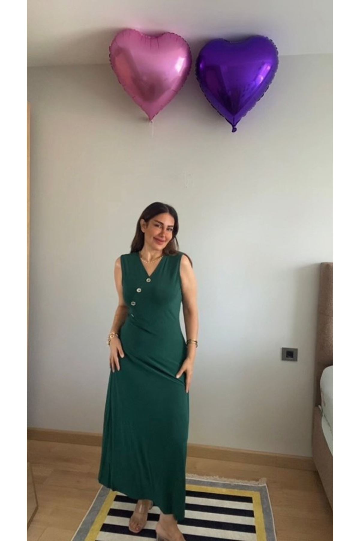 Kadın Kruvaze Yaka Düğme Detay Maxi Boy Elbise