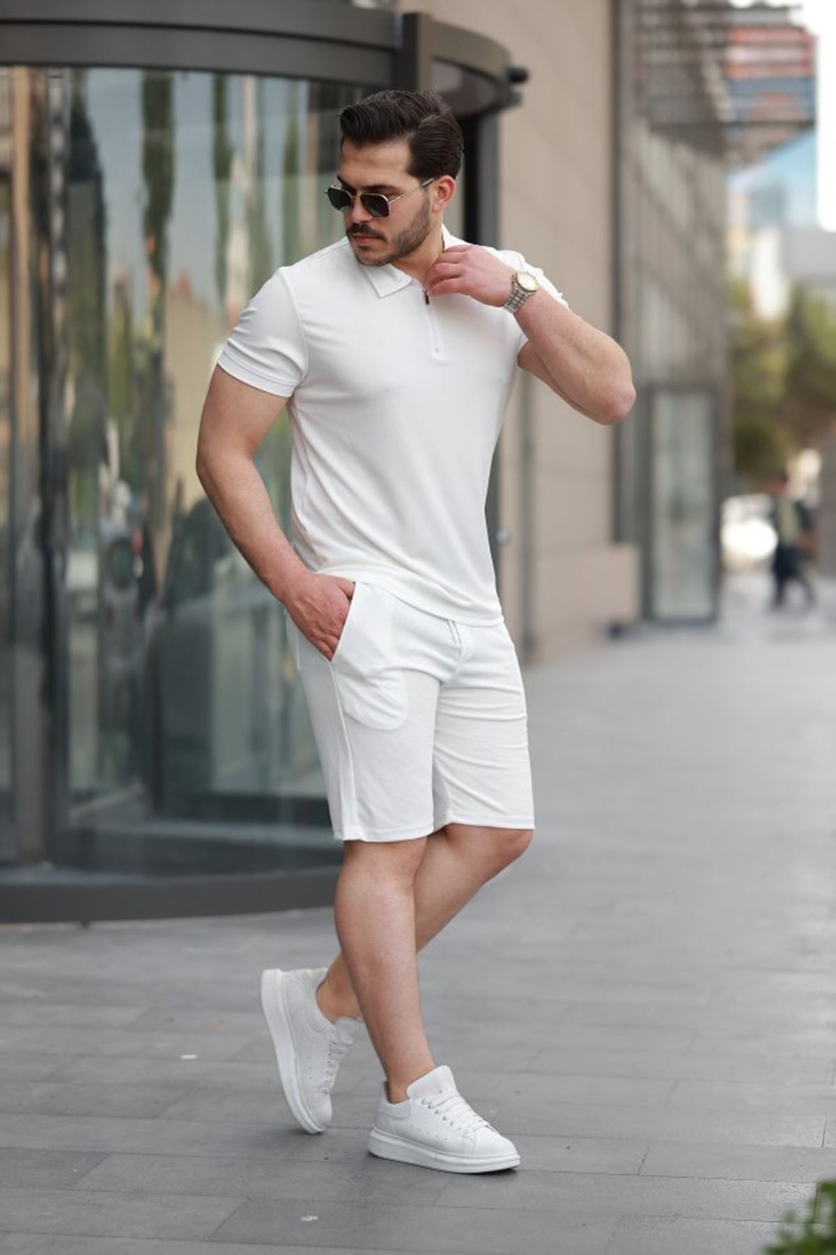 Erkek Yakalı Fermuarlı T-shirt şort Ikili Takım