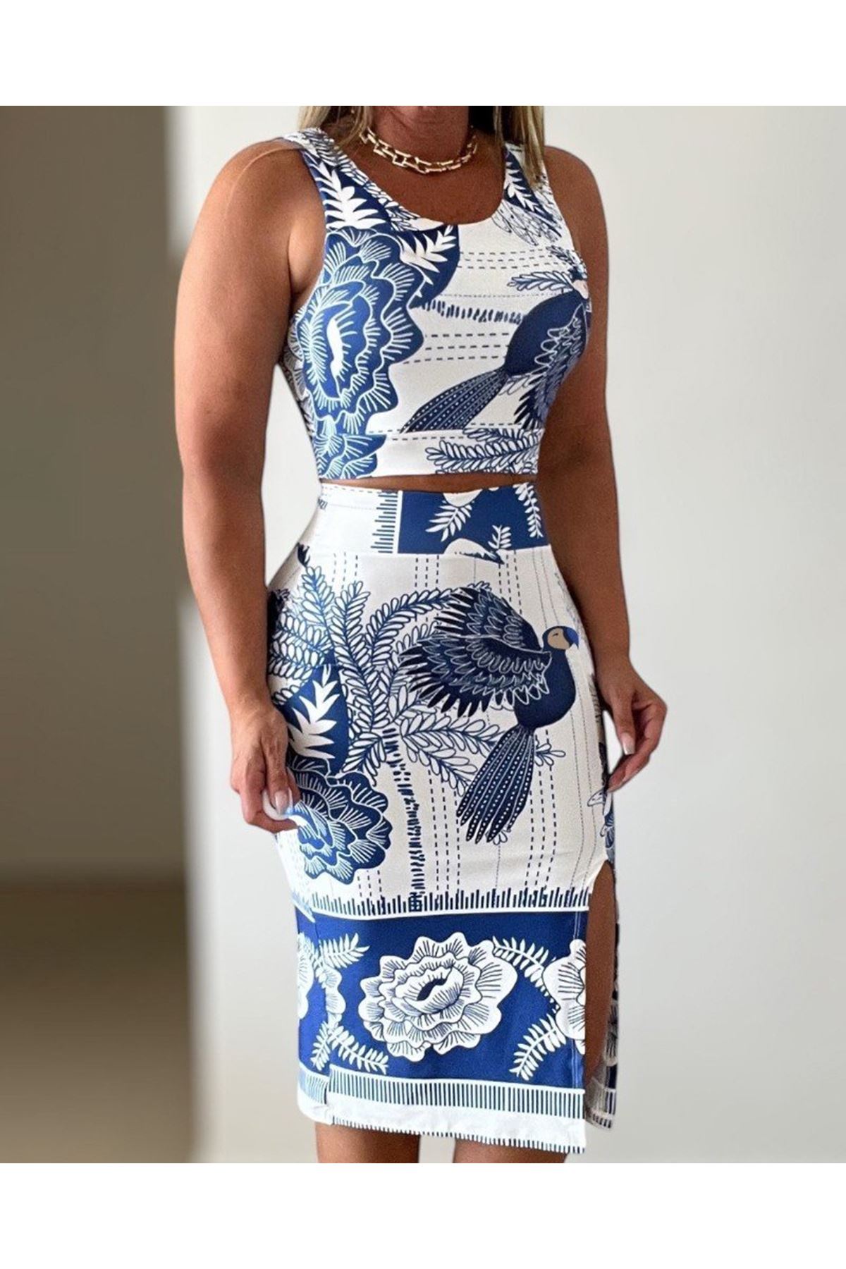 Kadın Sıfır Kollu Yuvarlak Yaka çiçekli Desenli Süprem Crop Ve Yırtmaçlı Etek Ikili Takım