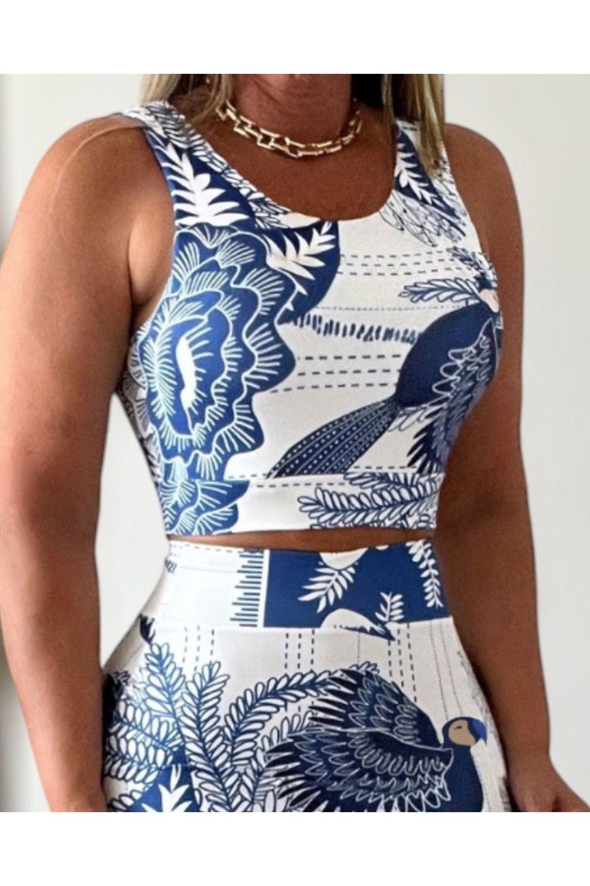 Kadın Sıfır Kollu Yuvarlak Yaka çiçekli Desenli Süprem Crop Ve Yırtmaçlı Etek Ikili Takım