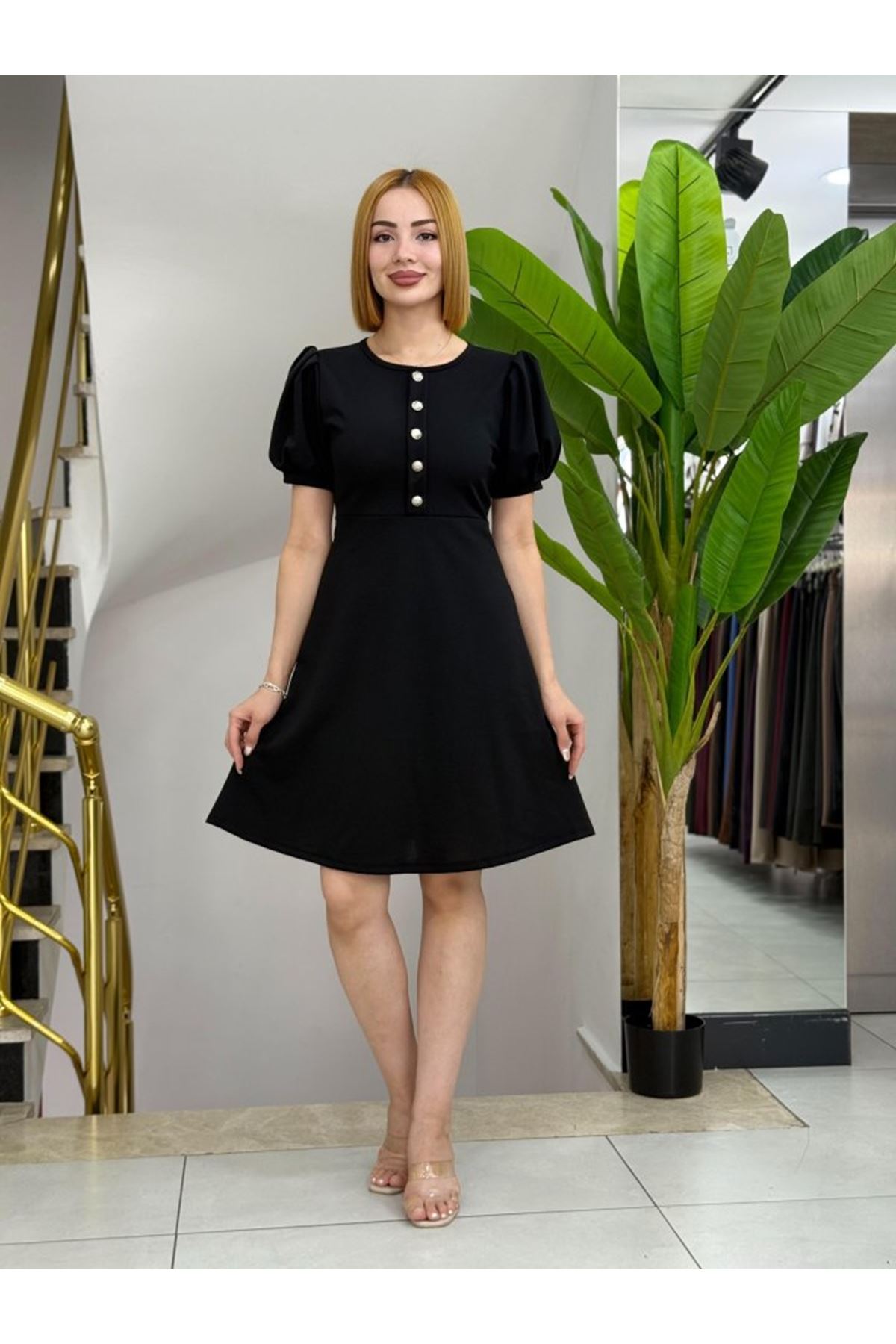 Kadın Kısa Kollu Bisiklet Yaka önden Düğmeli Ithal Krep Elbise