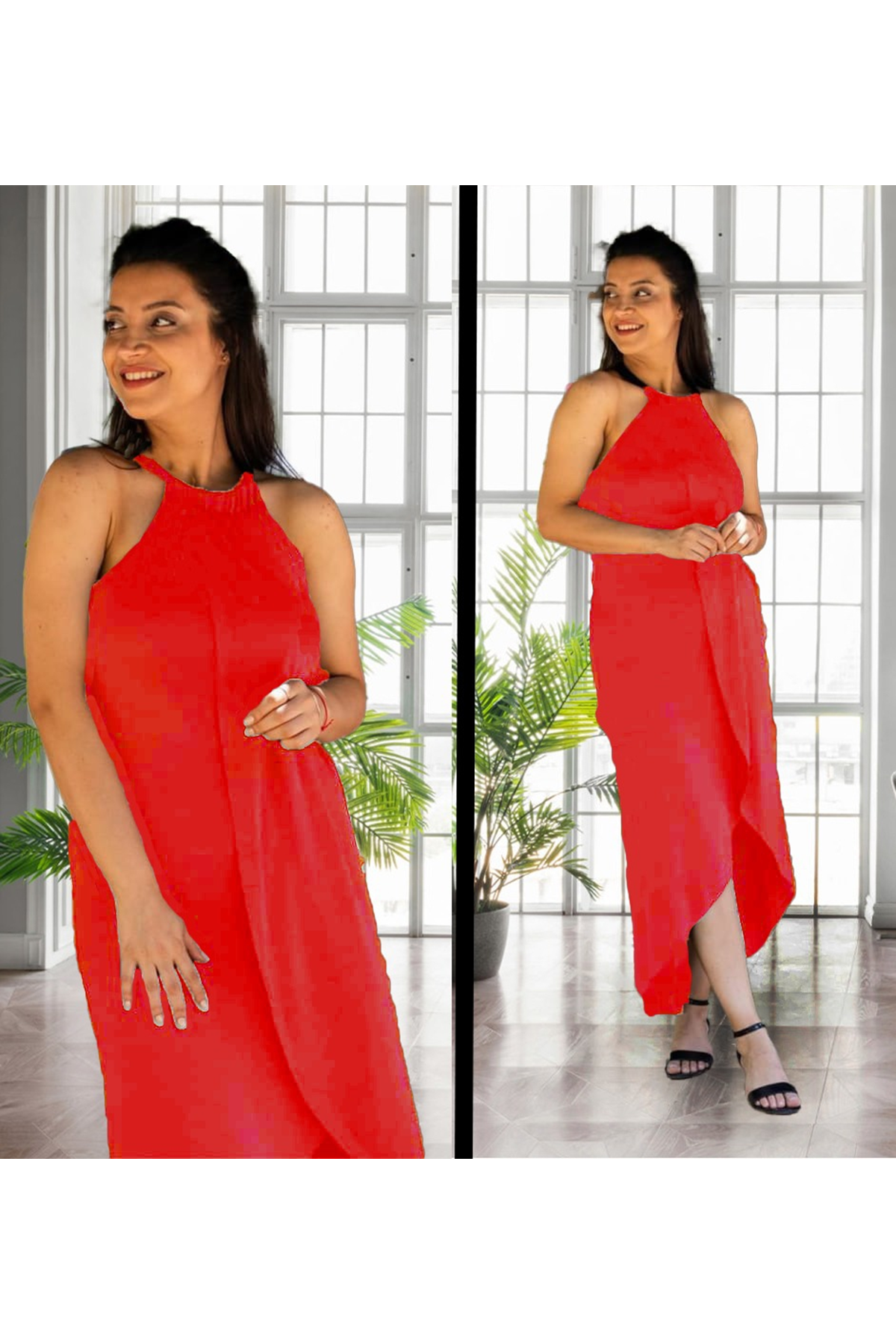 Boyun Askılı Eteği Kruvaze Kesim Viskon Kumaş Elbise