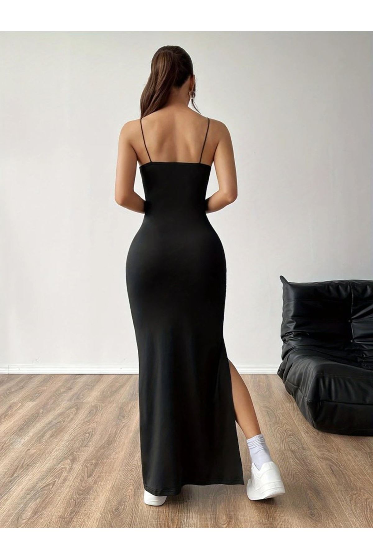 Kadın Ip Askılı Yandan Yırtmaçlı Janjan Krep Elbise