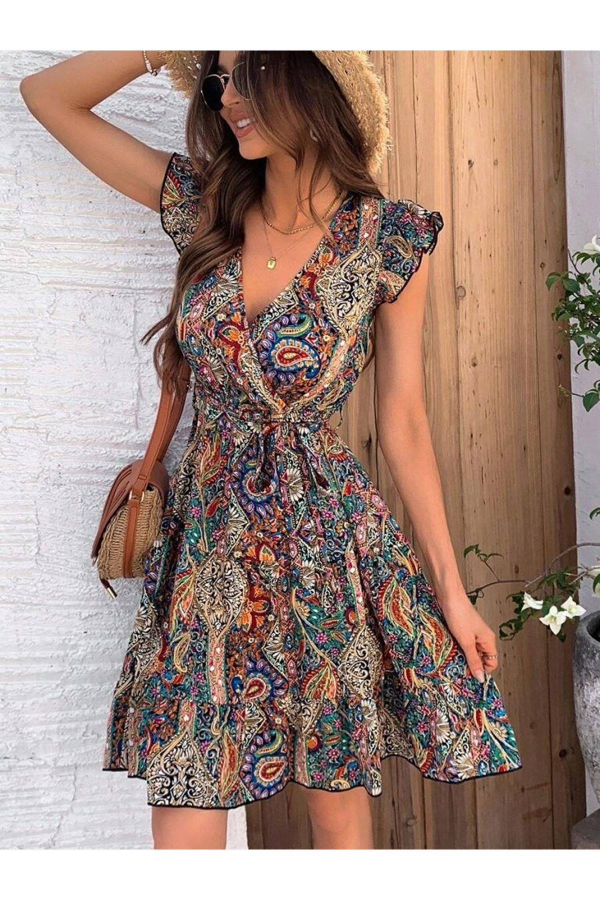 Kadın Kısa Kelebek Kollu Kruvaze Yakalı Süprem Elbise