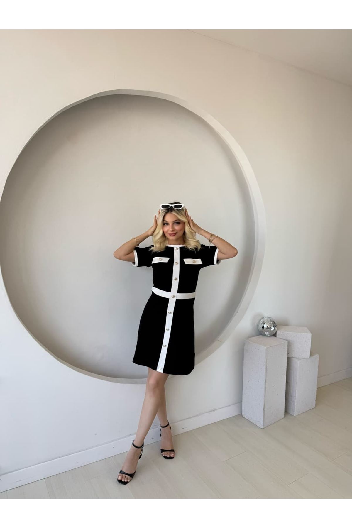 Kadın Kısa Kollu Bisiklet Yaka önden Düğmeli Modal Elbise