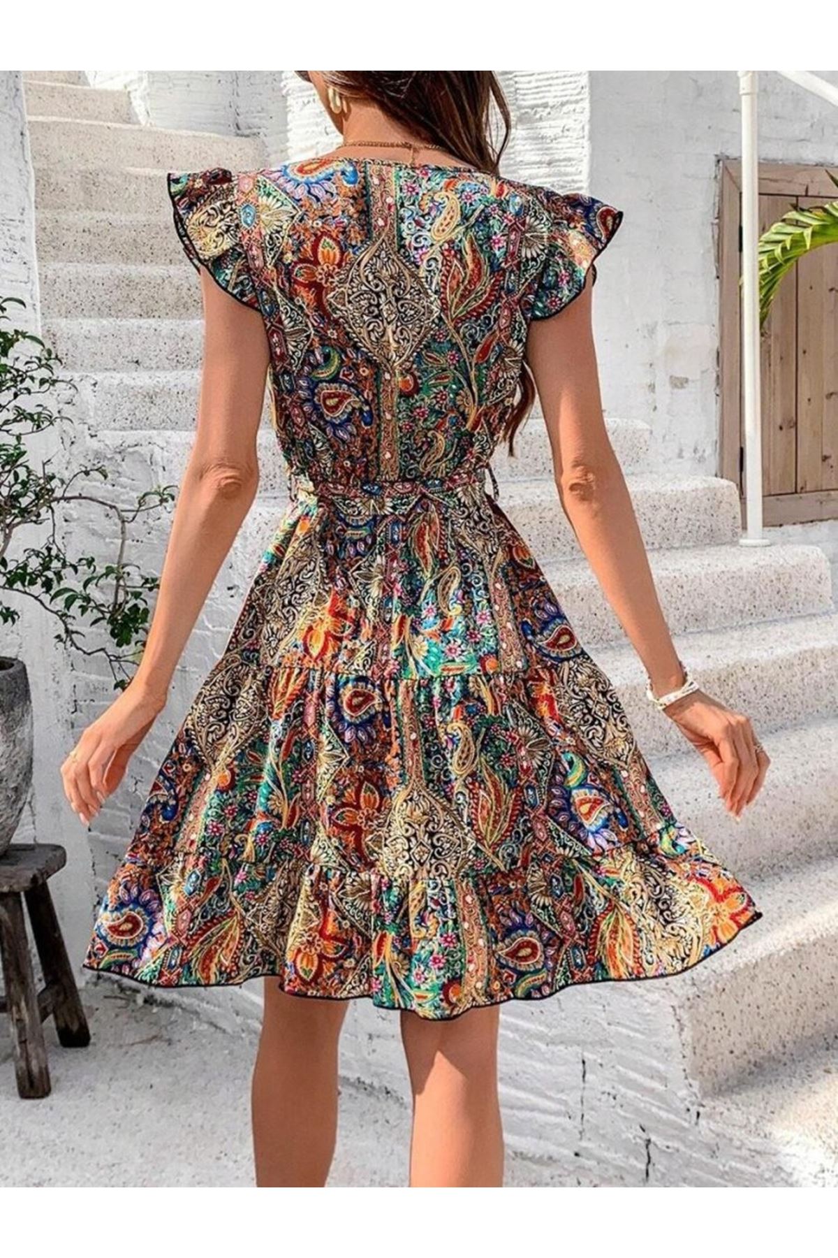 Kadın Kısa Kelebek Kollu Kruvaze Yakalı Süprem Elbise