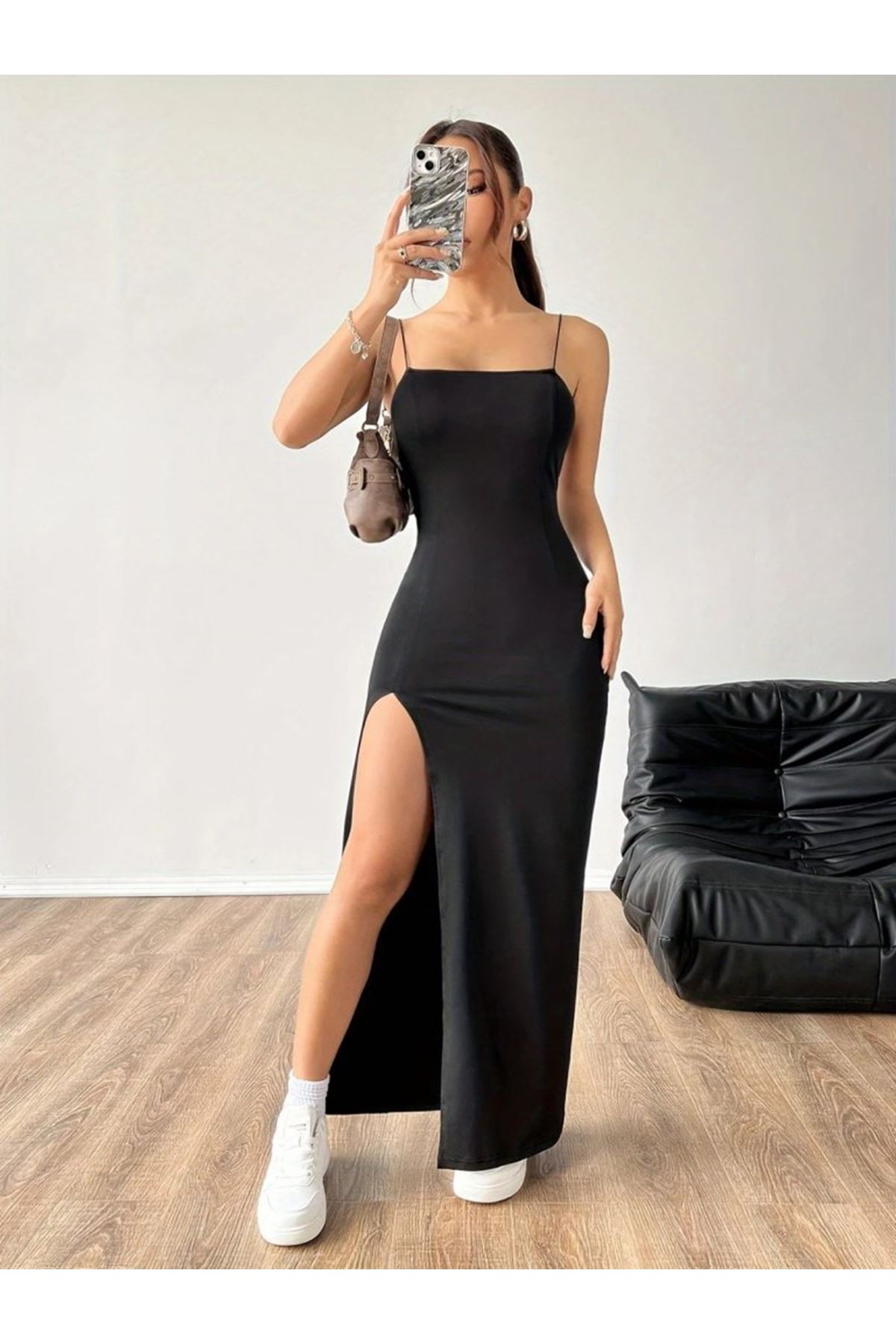 Kadın Ip Askılı Yandan Yırtmaçlı Janjan Krep Elbise