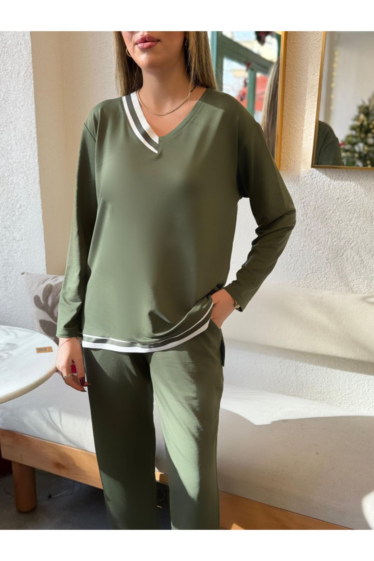 Kadın Uzun Kollu Ribana Detay Viskon Iki Iplik Ikili Takım