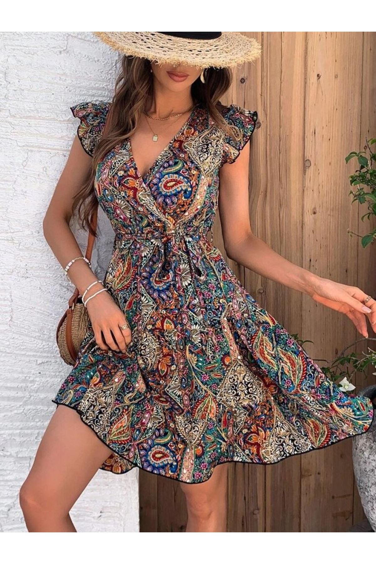 Kadın Kısa Kelebek Kollu Kruvaze Yakalı Süprem Elbise