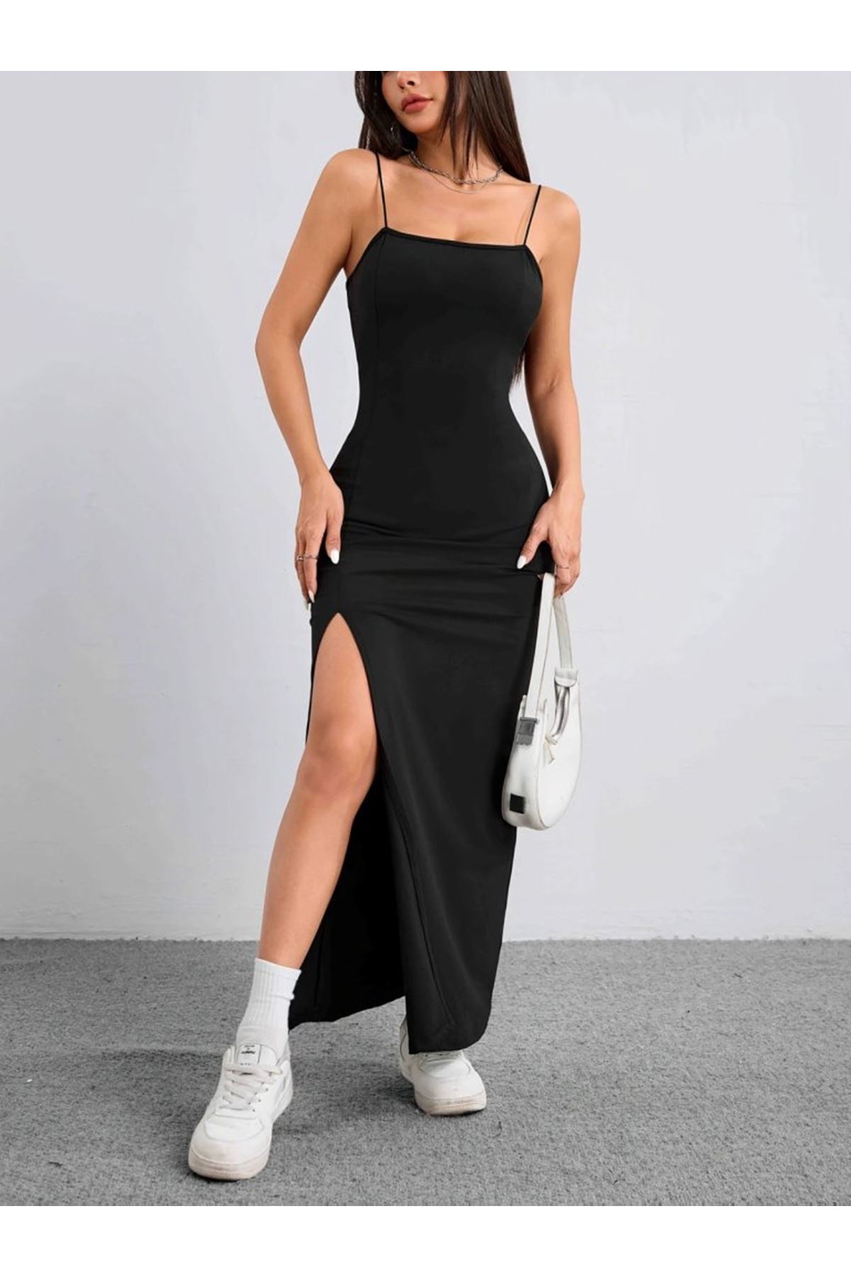 Kadın Ip Askılı Yandan Yırtmaçlı Janjan Krep Elbise