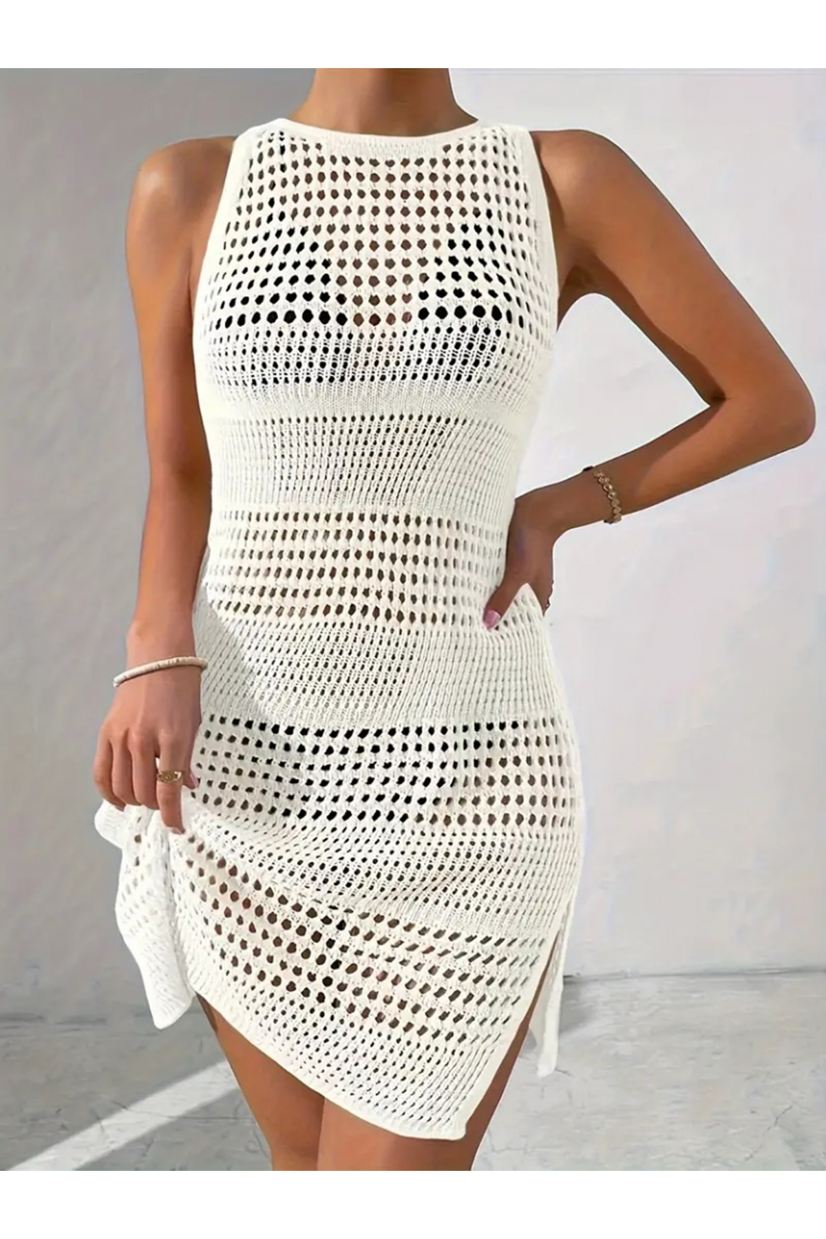 Kadın Kolsuz Derin Sırt Dekolteli Ajurlu Triko Pareo