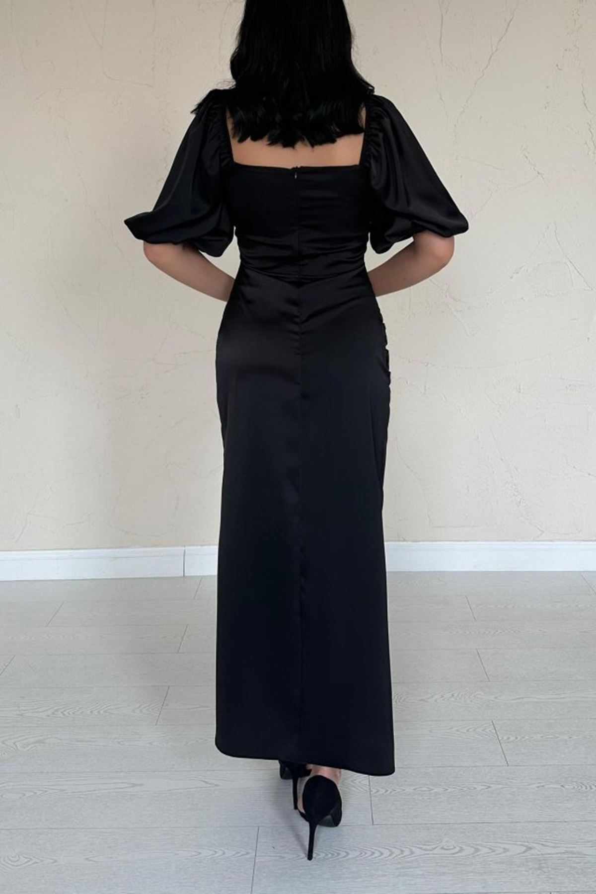 Siyah Büzgülü Saten Elbise