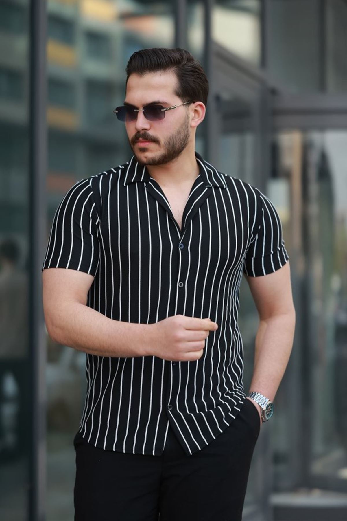 Erkek Kısa Kollu Beyaz çizgi Desenli örme Kumaş Pamuklu Gömlek