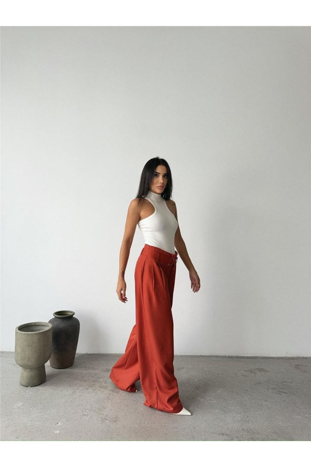 PALAZZO PANTOLON KUMAŞ KEMER DETAYLI - Kiremit