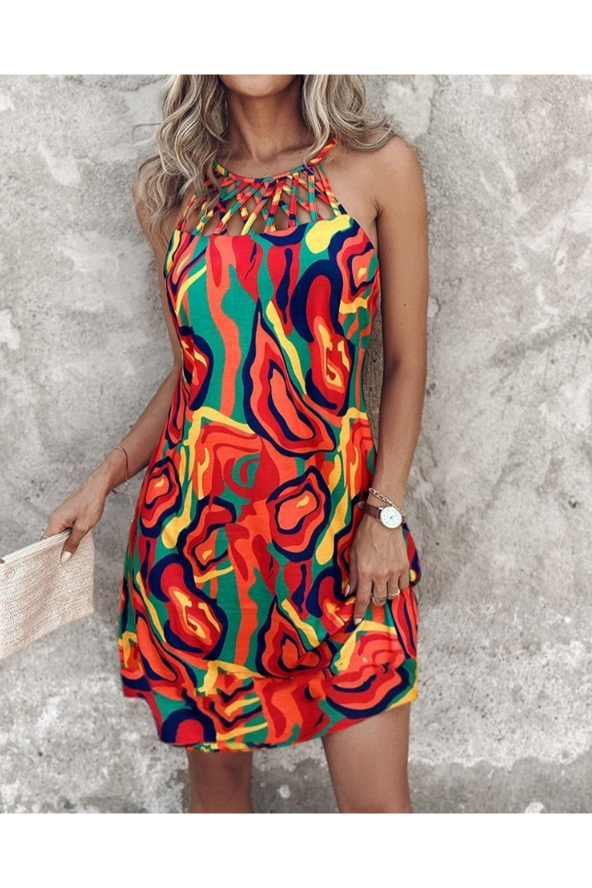 Kadın Omuzlardan Açık çapraz şerit Detaylı Desenli Süprem Elbise