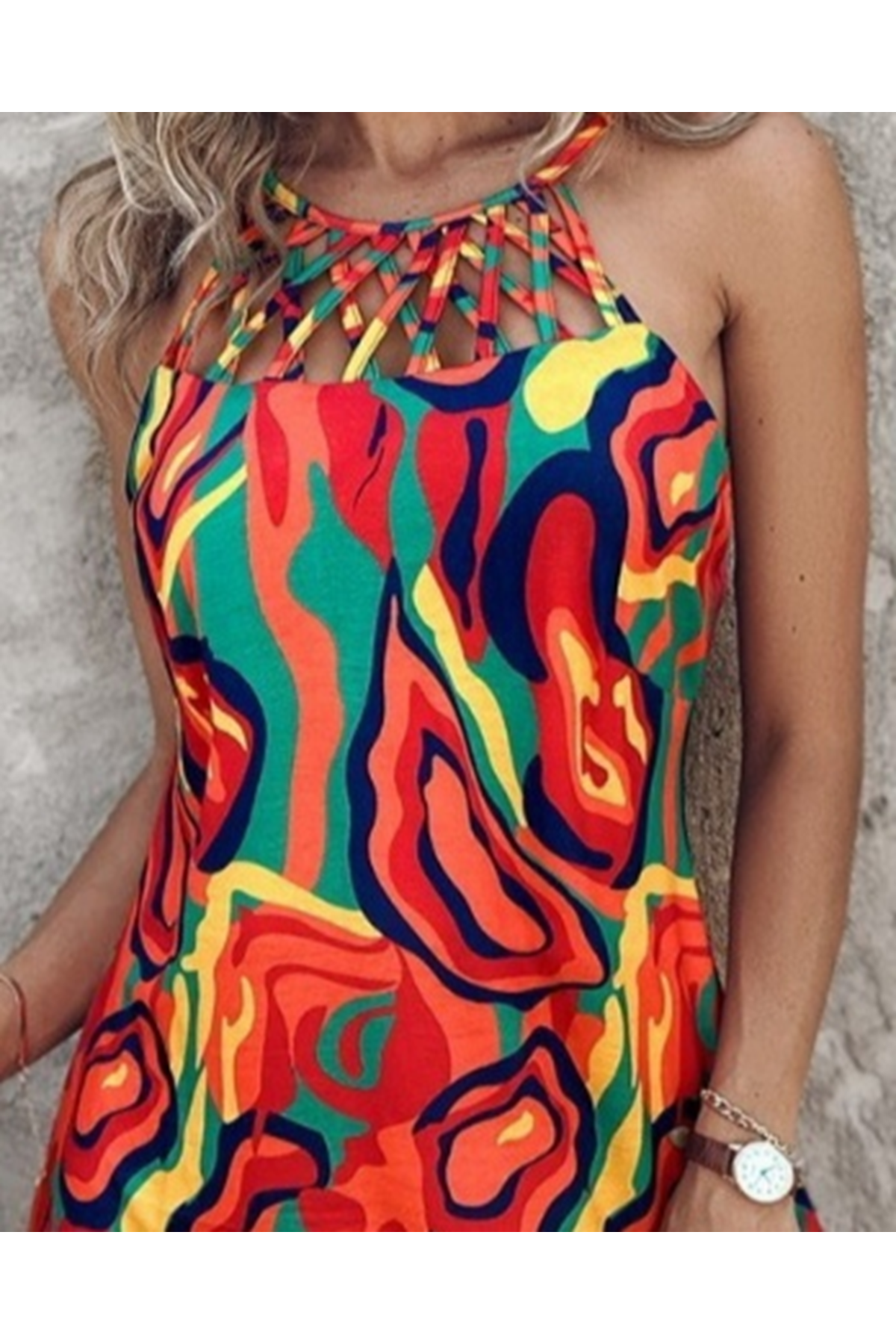 Kadın Omuzlardan Açık çapraz şerit Detaylı Desenli Süprem Elbise