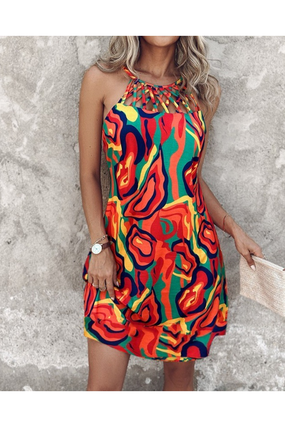 Kadın Omuzlardan Açık çapraz şerit Detaylı Desenli Süprem Elbise