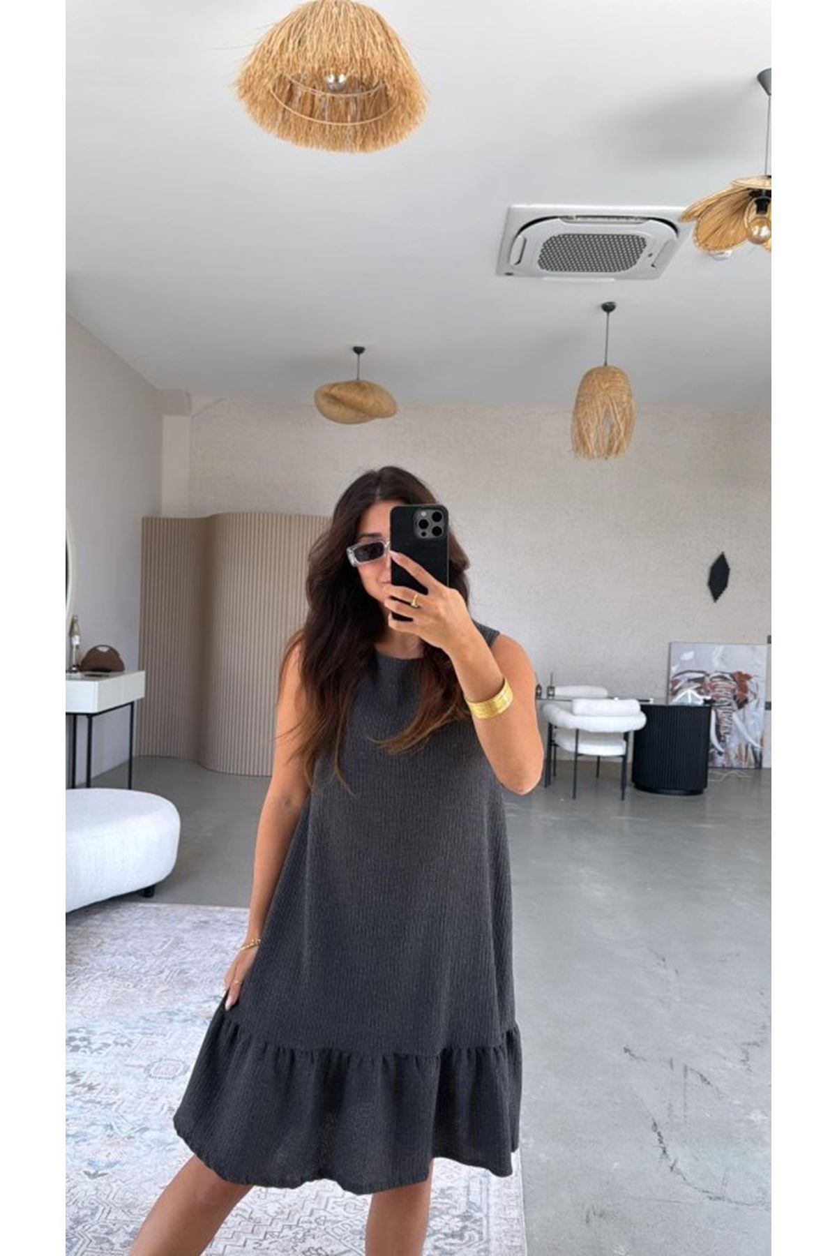 Kadın Bisiklet Yaka Eteği Volanlı Bürümcük Elbise