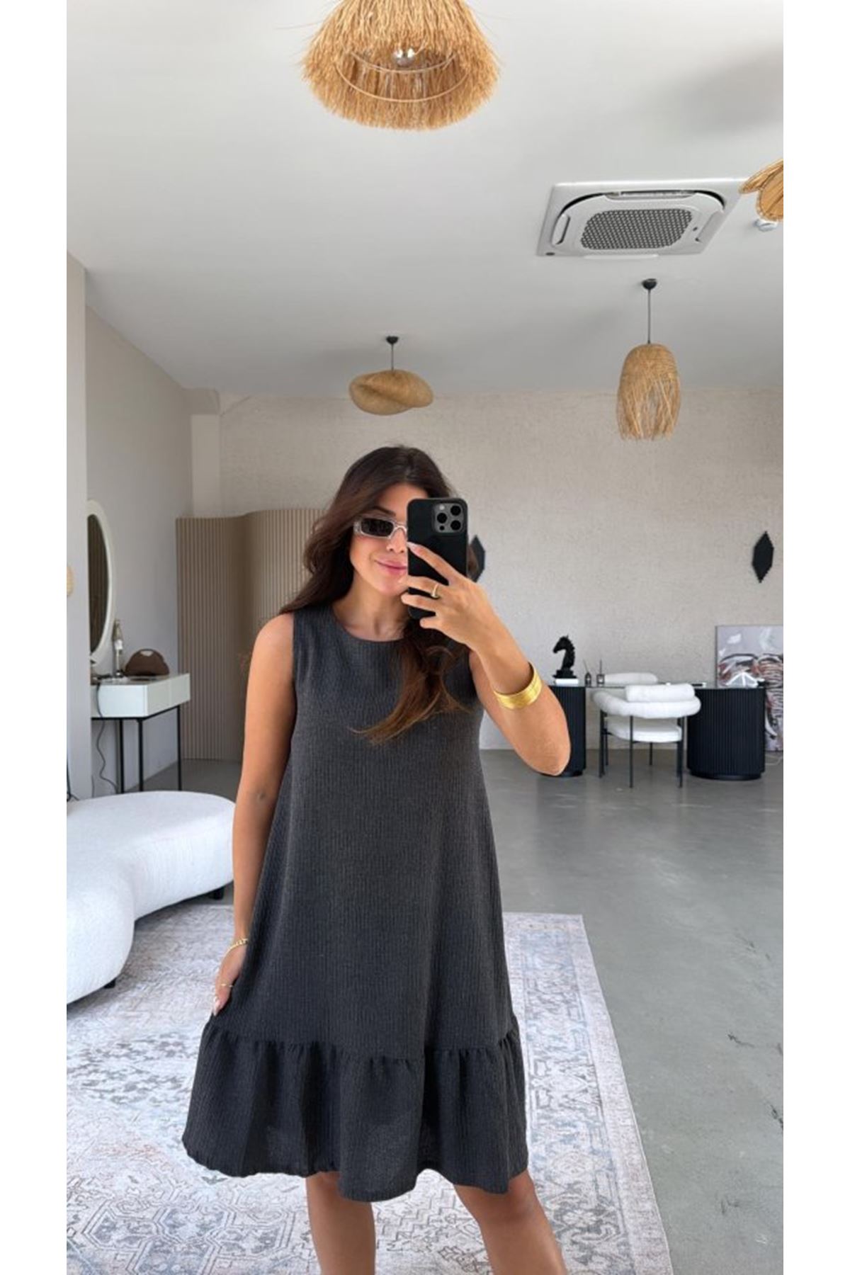 Kadın Bisiklet Yaka Eteği Volanlı Bürümcük Elbise