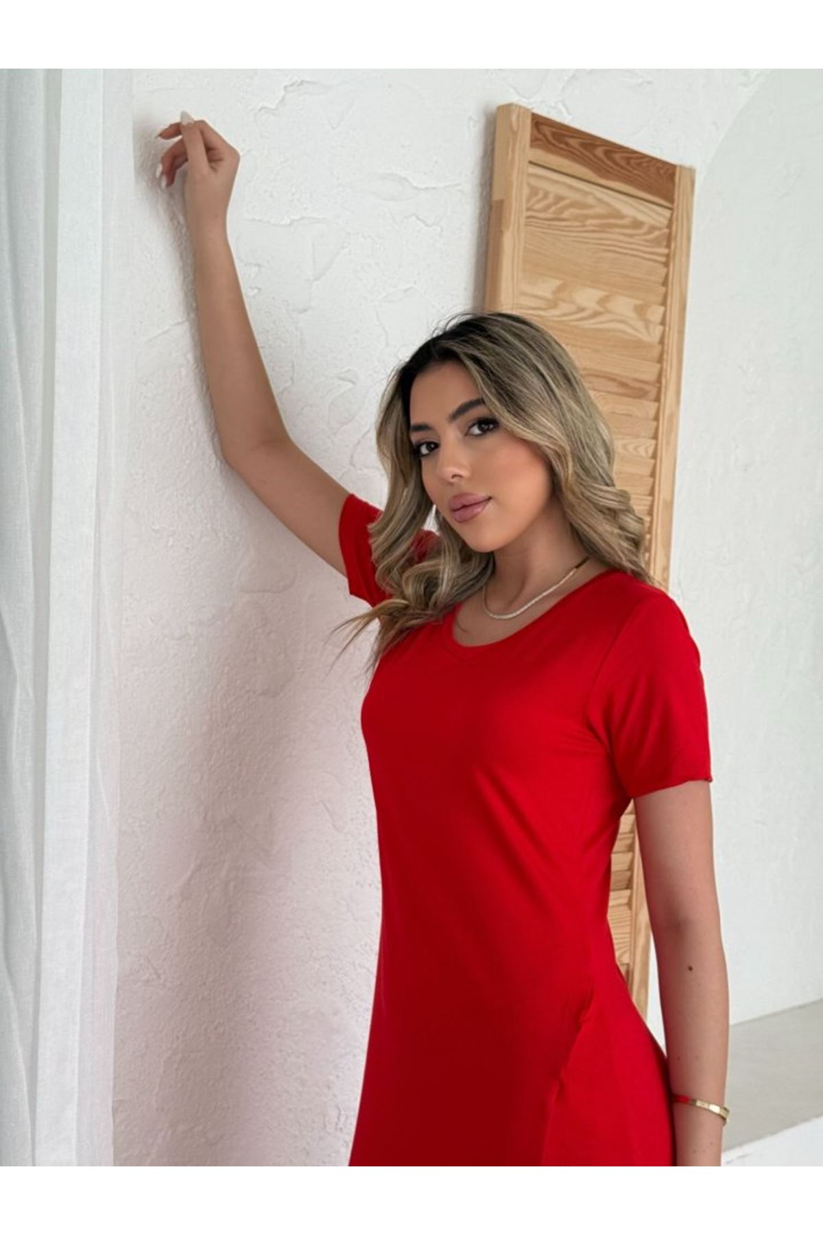 Kadın Kısa Kollu V Yaka Maxi Boy Elbise 124 Cm