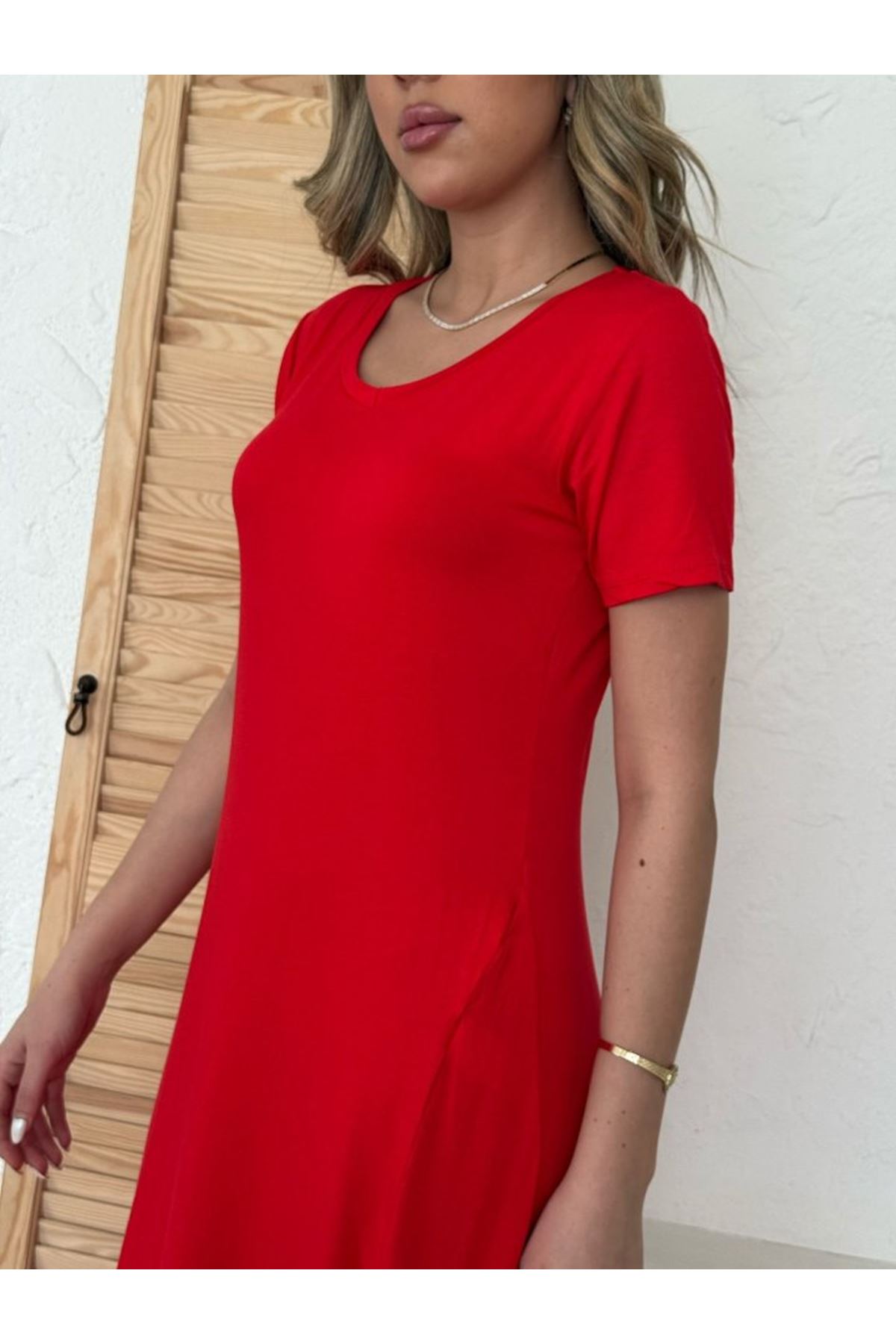 Kadın Kısa Kollu V Yaka Maxi Boy Elbise 124 Cm