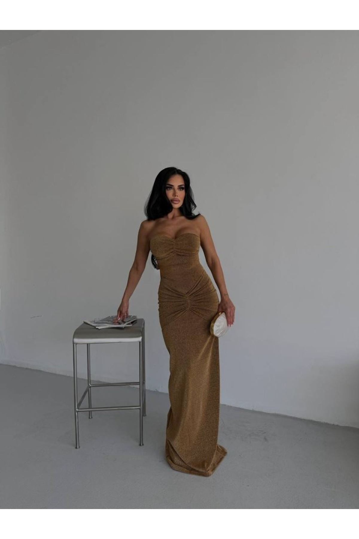 Straplez Simli Uzun Elbise